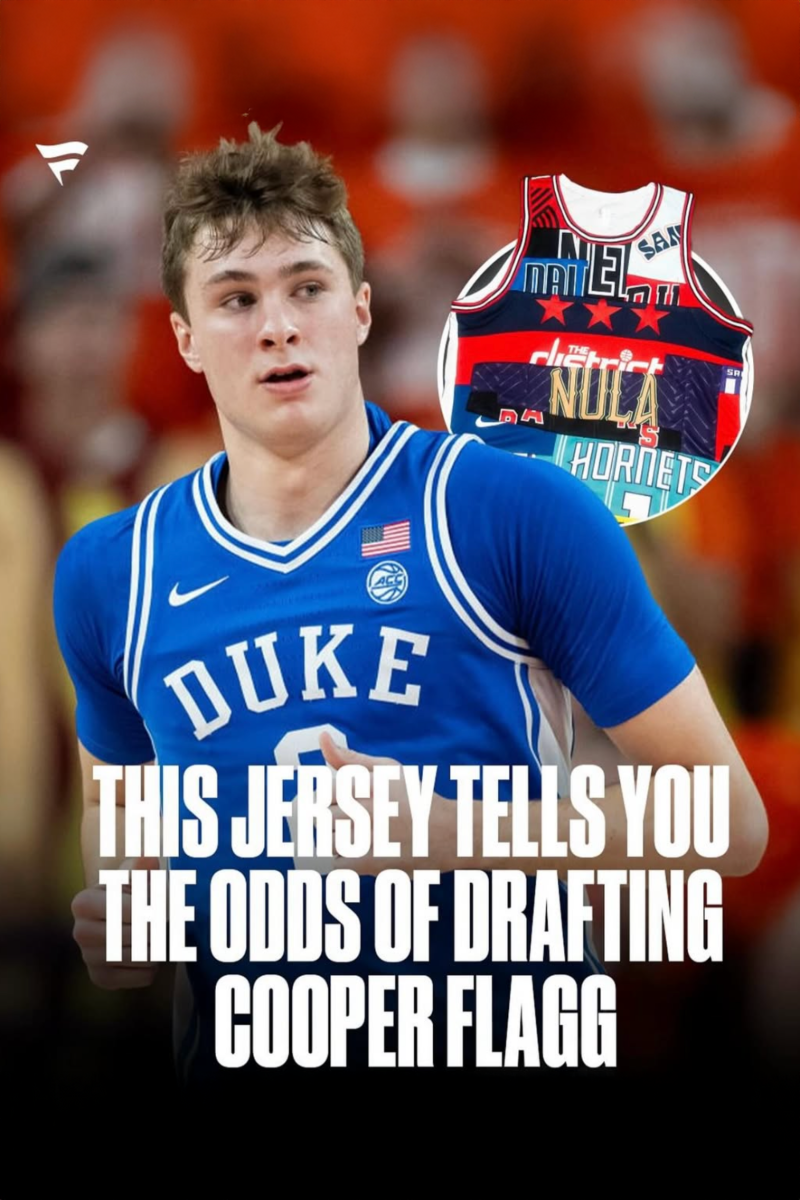 Cooper Flagg in Duke uniform alongside The Tailory's NBA Draft Lottery Jersey featuring team-specific odds patchwork