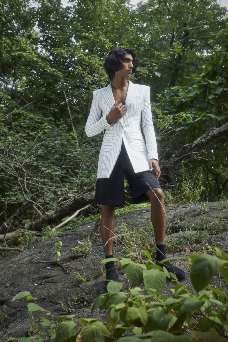 A model in The Tailory New York's genderless fashion