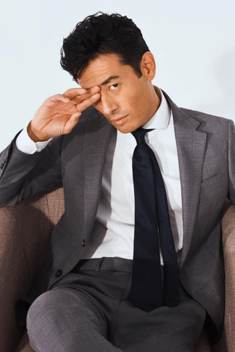 Model in custom vegan suit