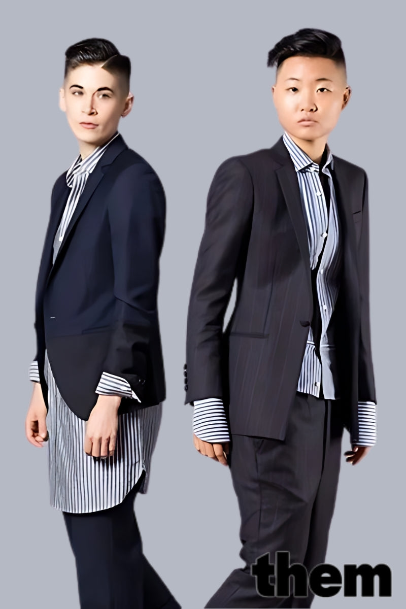 Models in The Tailory New York suits paired with striped shirts, showcasing modern androgynous fashion styling.