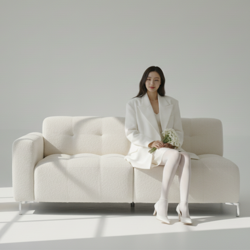 Woman in white blazer sitting on couch