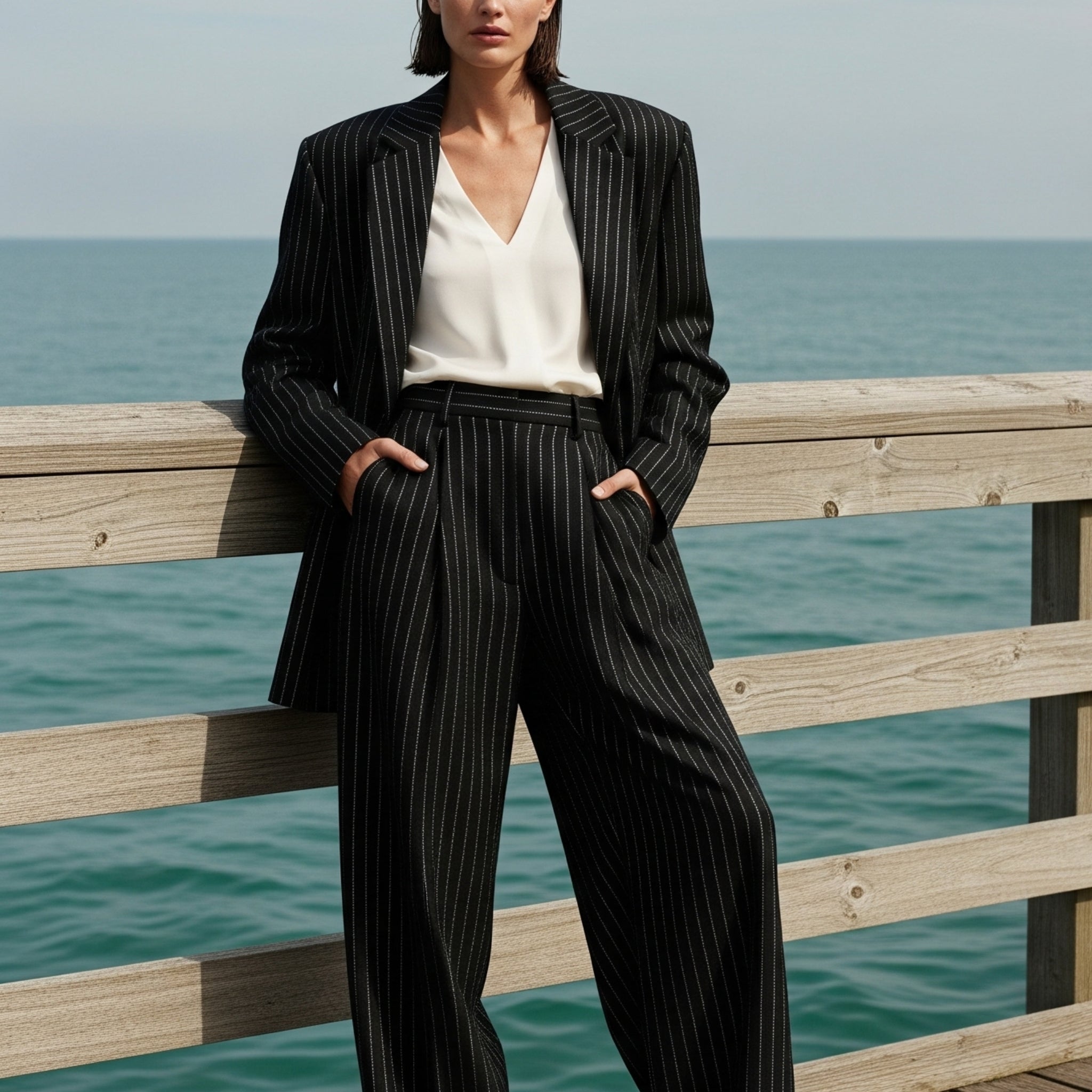 Black Pinstripe Oversized Suit Set