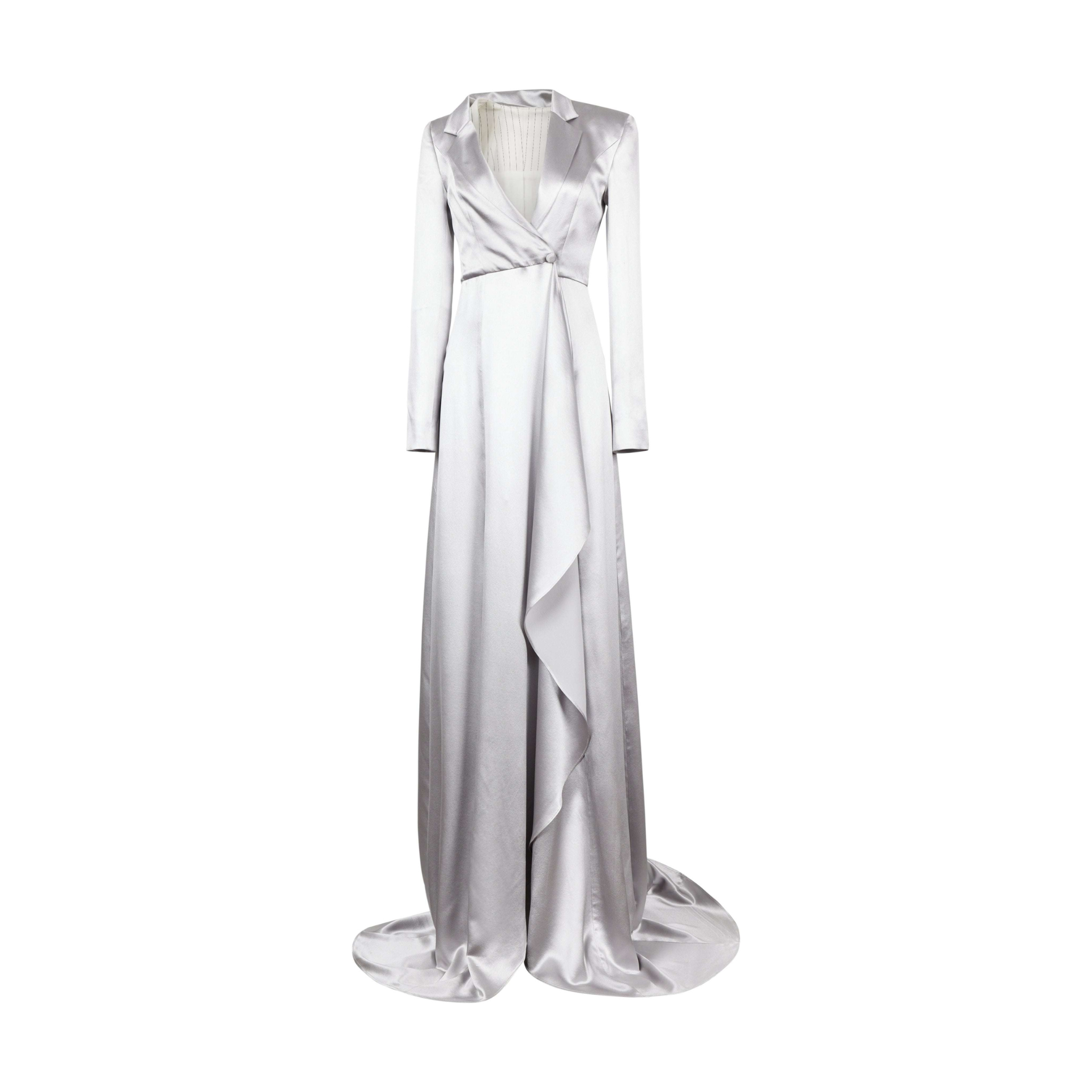 Silver Satin Couture Blazer Dress With Train – Luxe Tailored Boudoir Wear