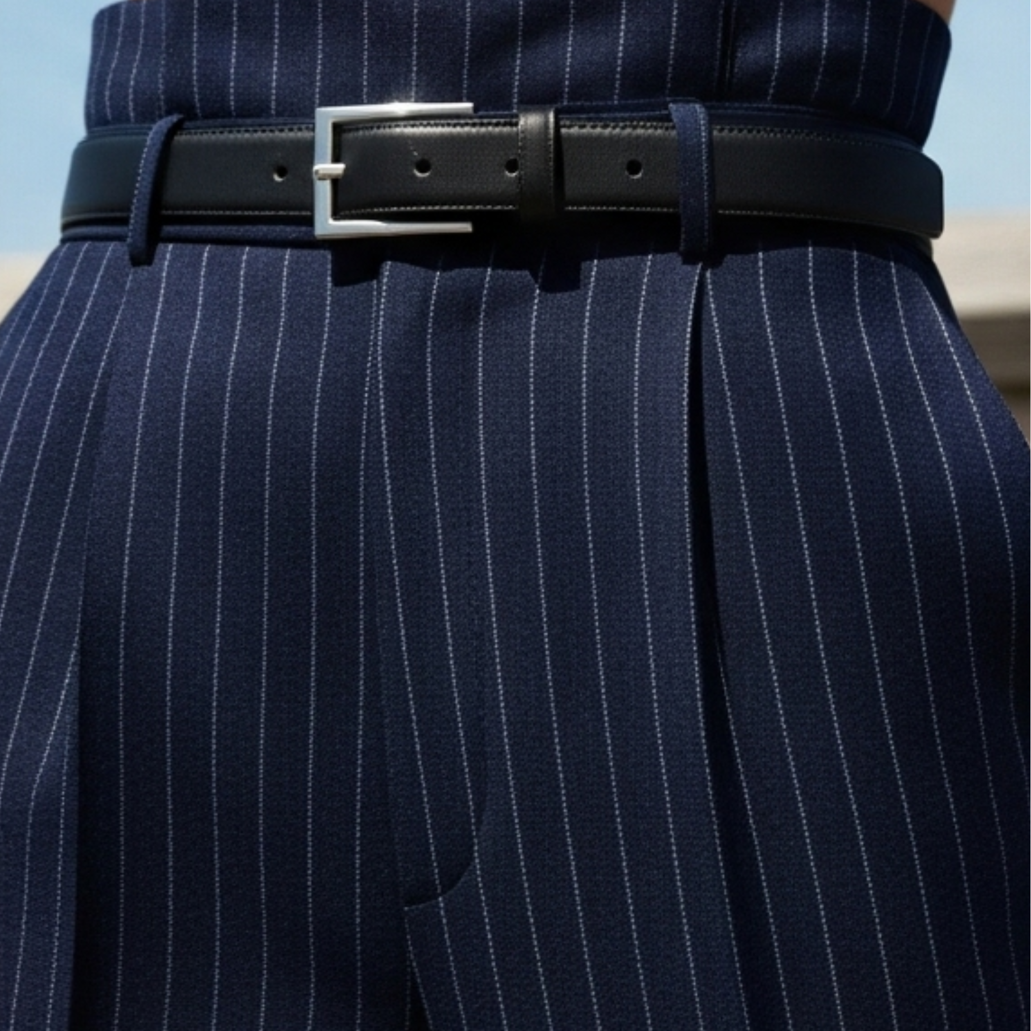 Navy Pinstripe Wide-Leg Trousers