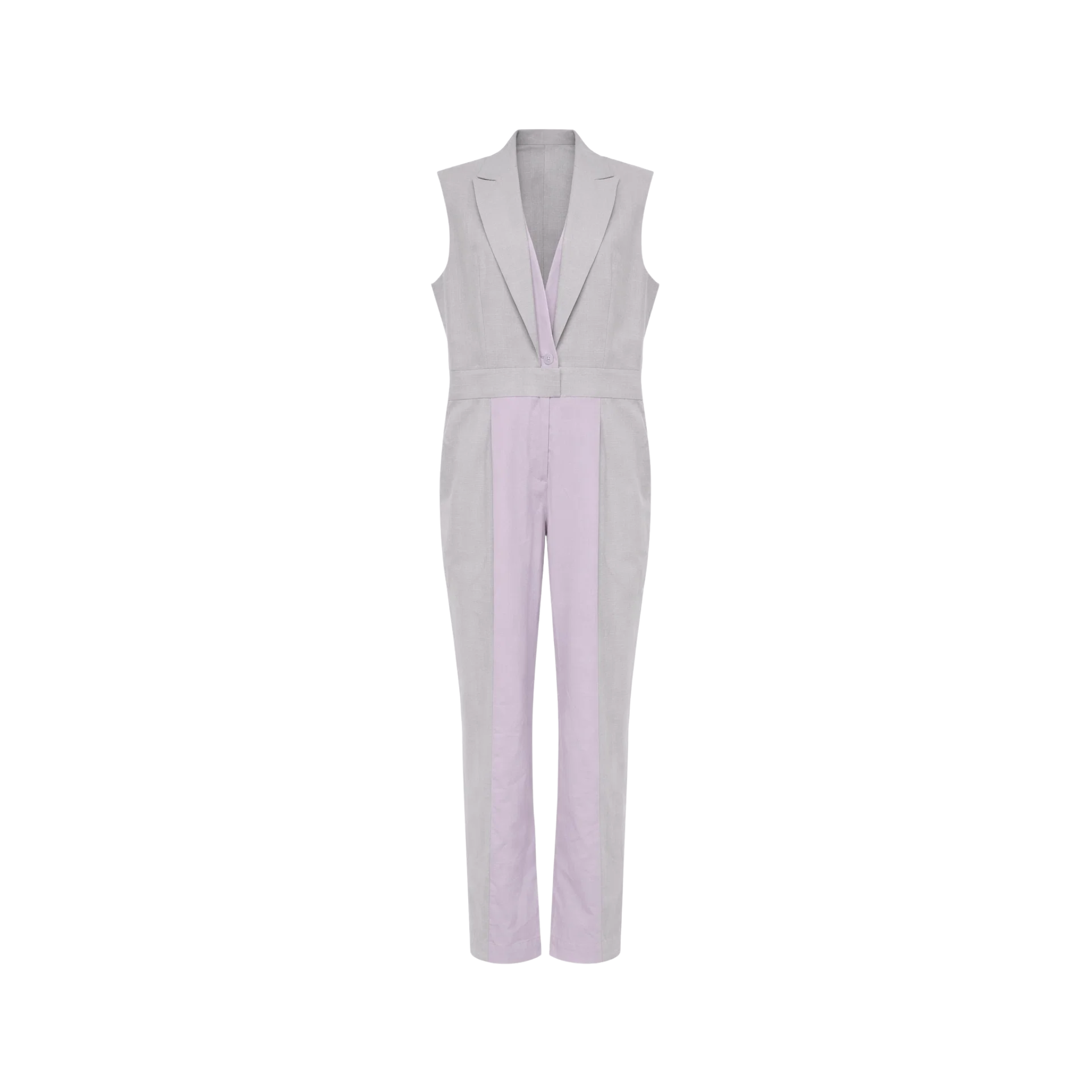 Tailory_Jumpsuit_GreyLilac_ColorBlock_Sleeveless_FrontView