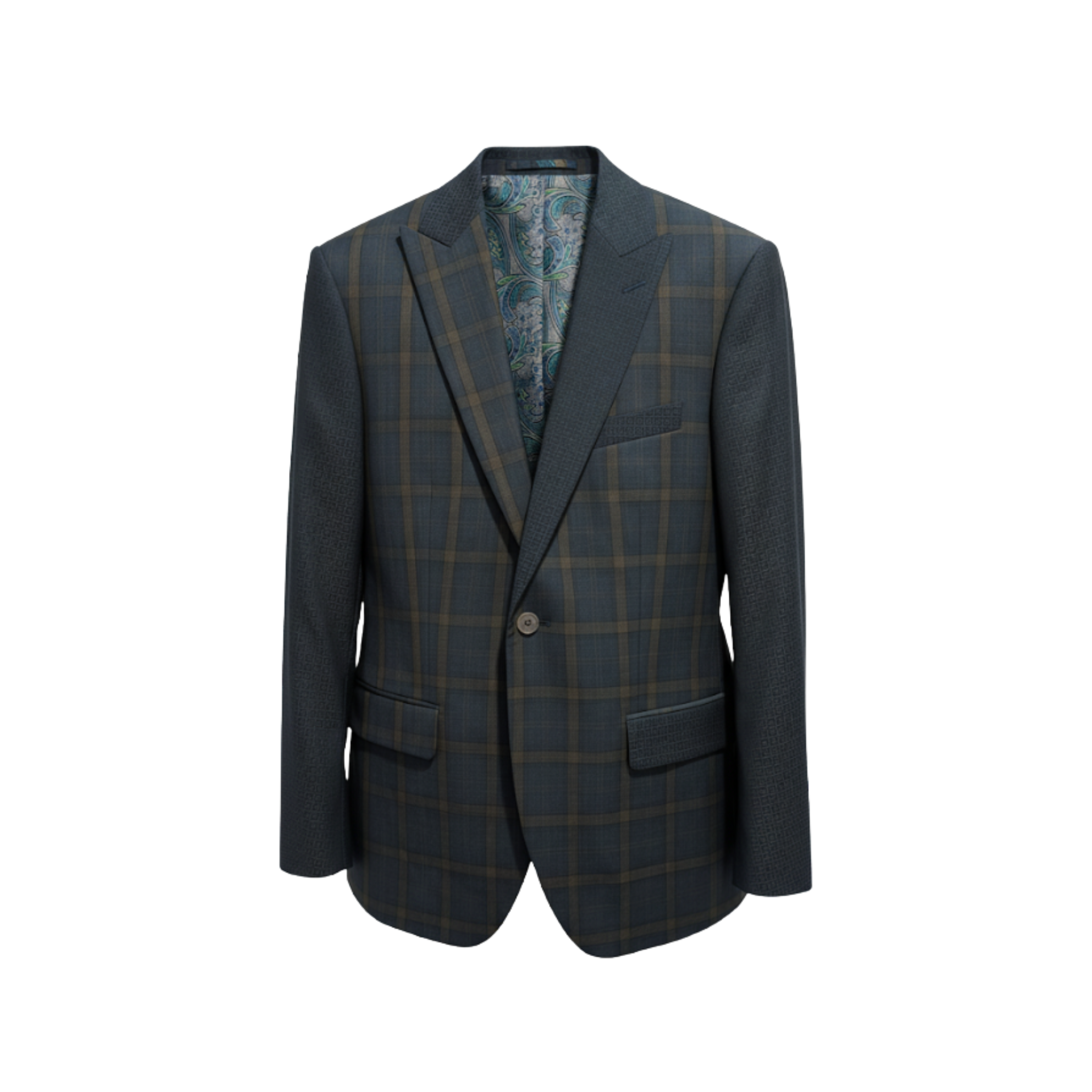 Tailory teal asymmetric wool jacket with contrast check front view