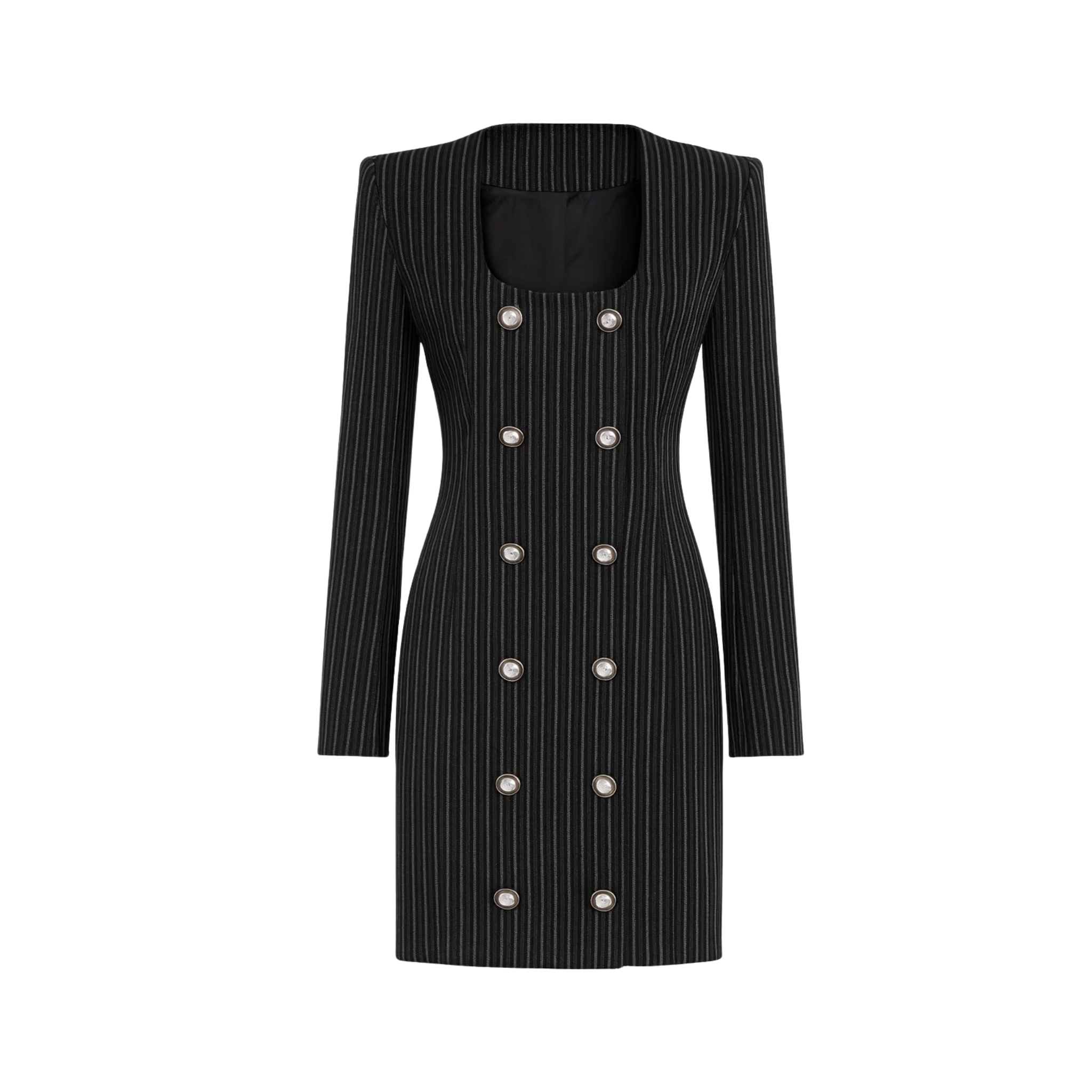 Tailory black pinstripe double-breasted blazer dress front view