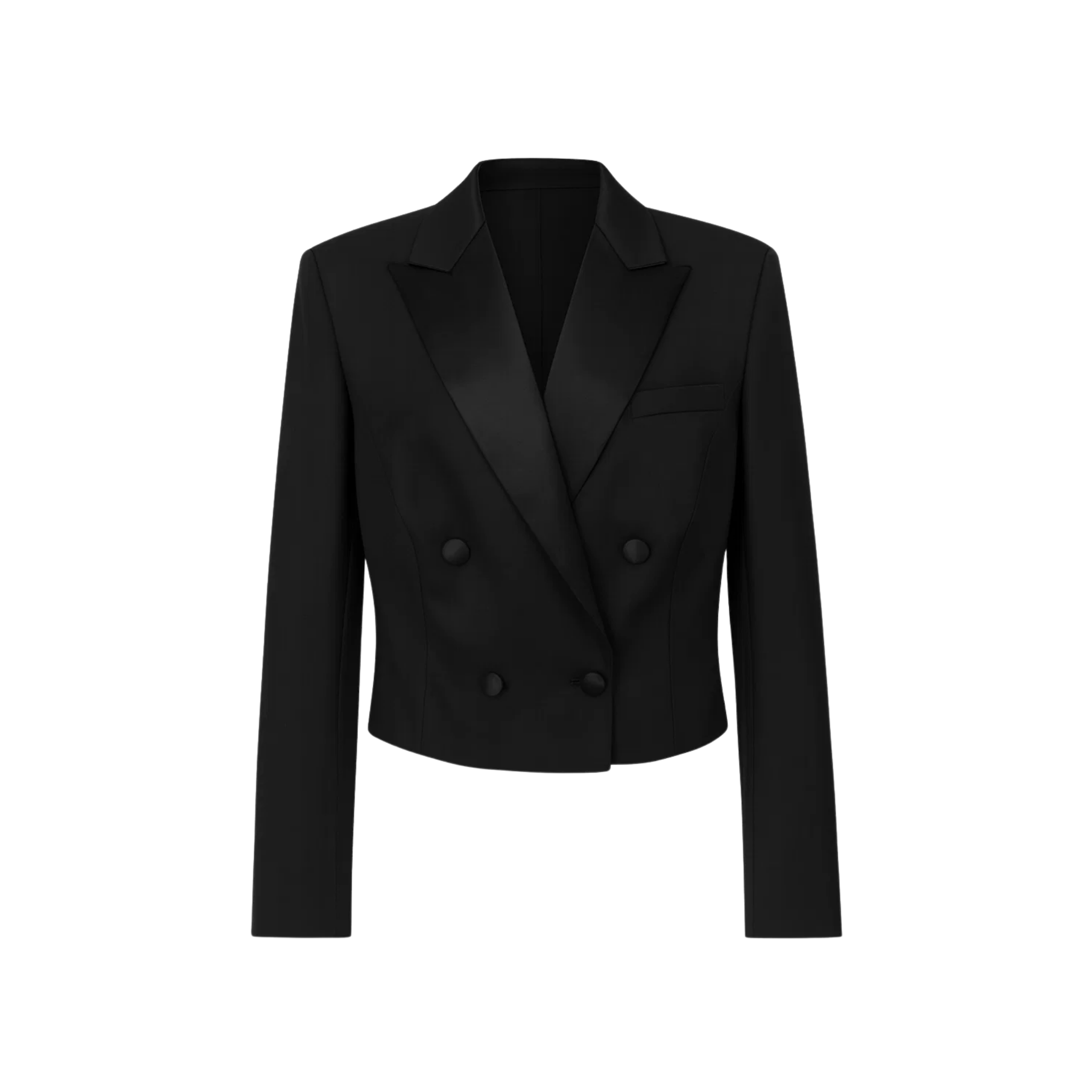 Tailory black cropped peak lapel tuxedo blazer front view