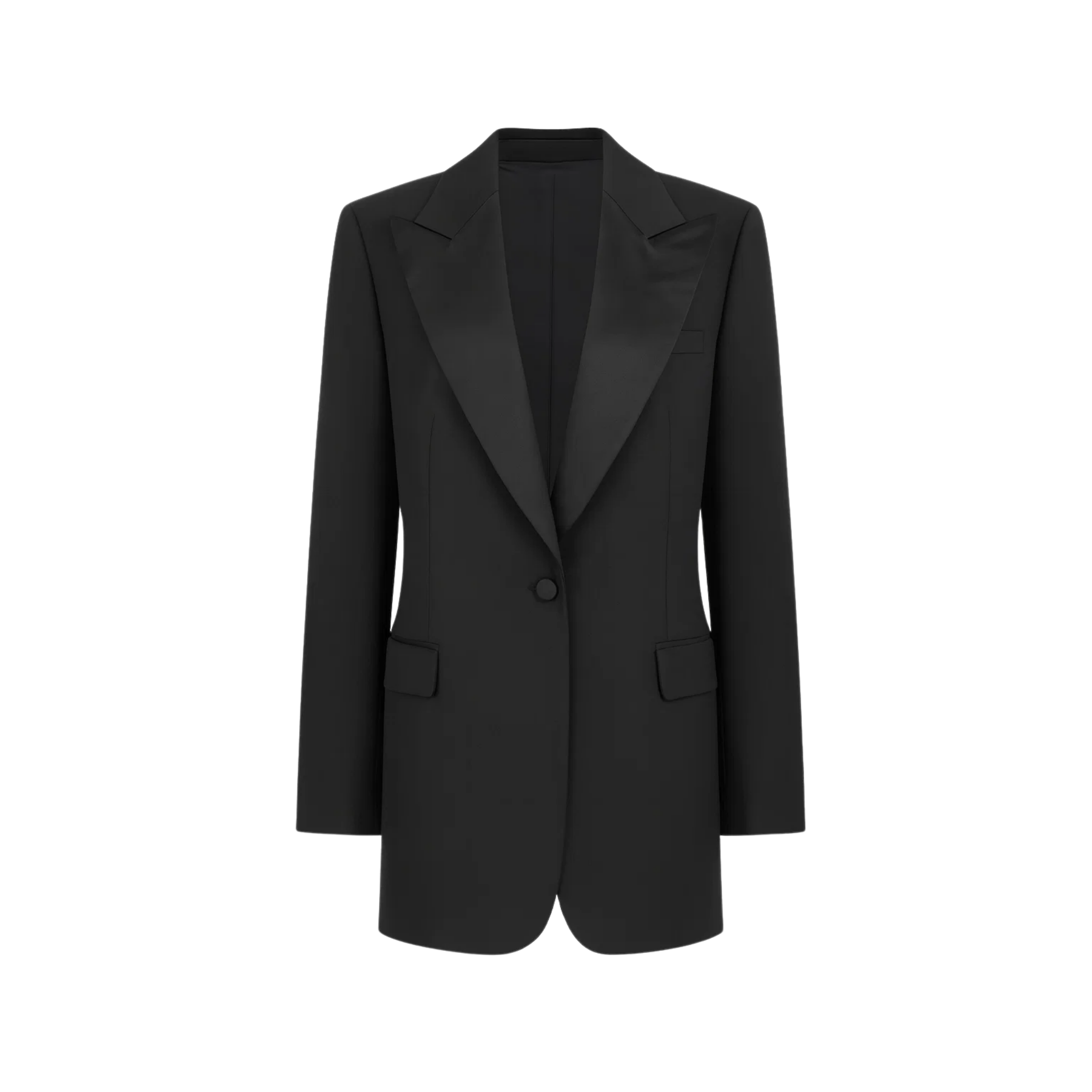 Tailory black peak lapel satin-trim tuxedo blazer front view