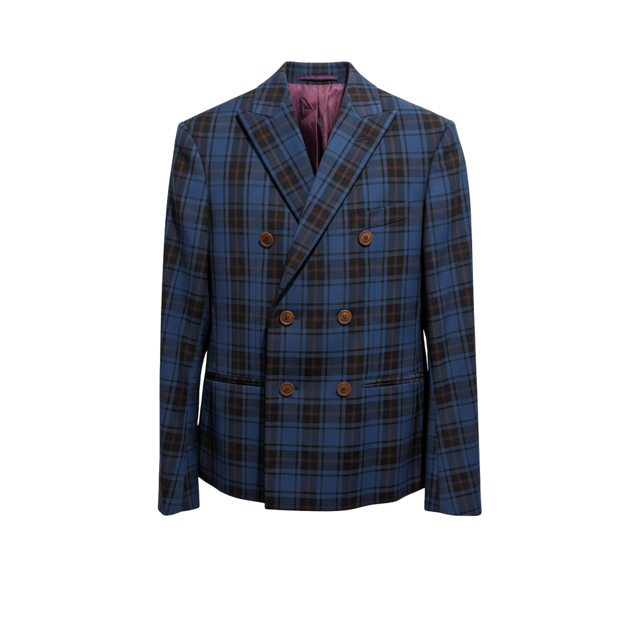 Tailory blue/brown tartan six-button double-breasted blazer front view