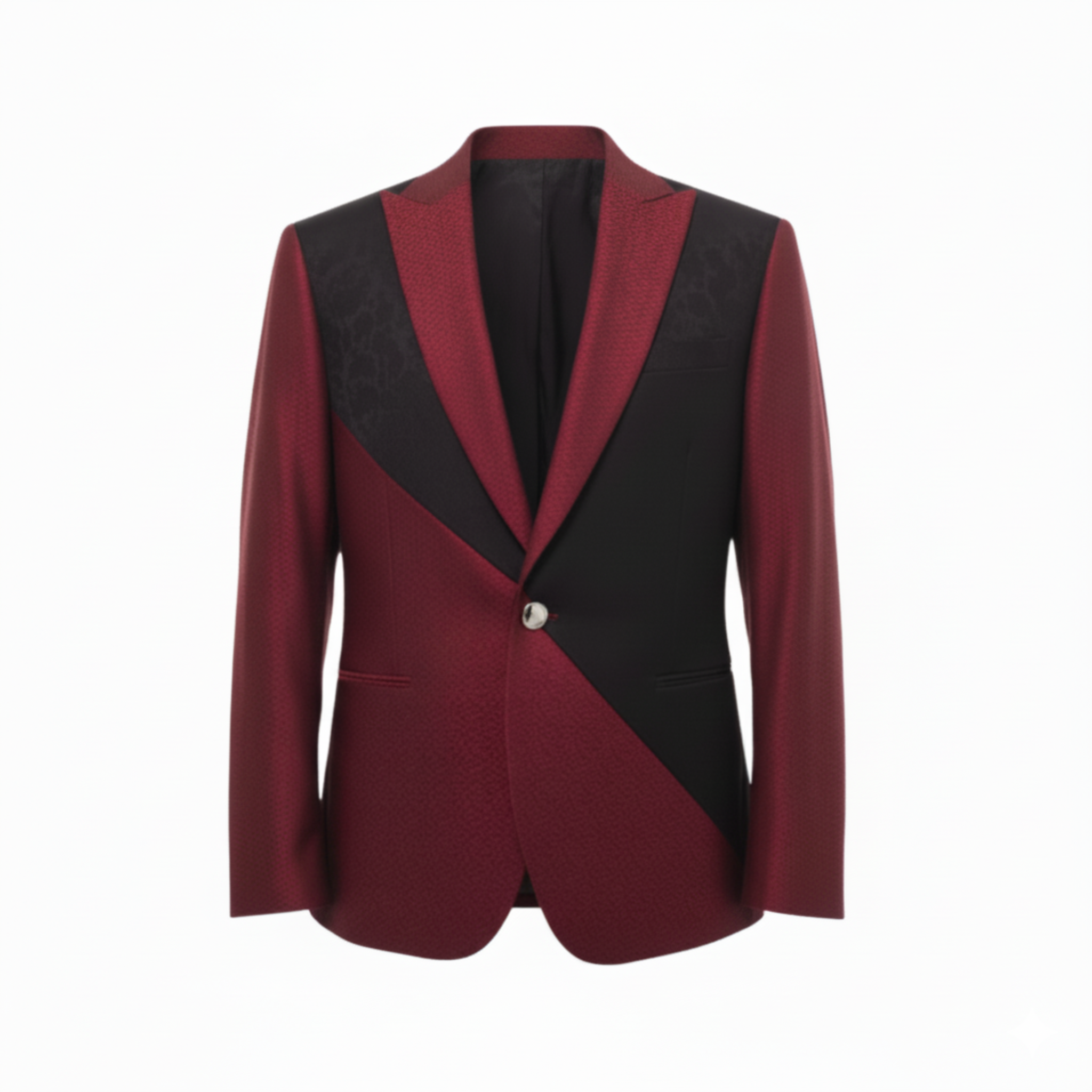 Red and black tuxedo jacket on a white background