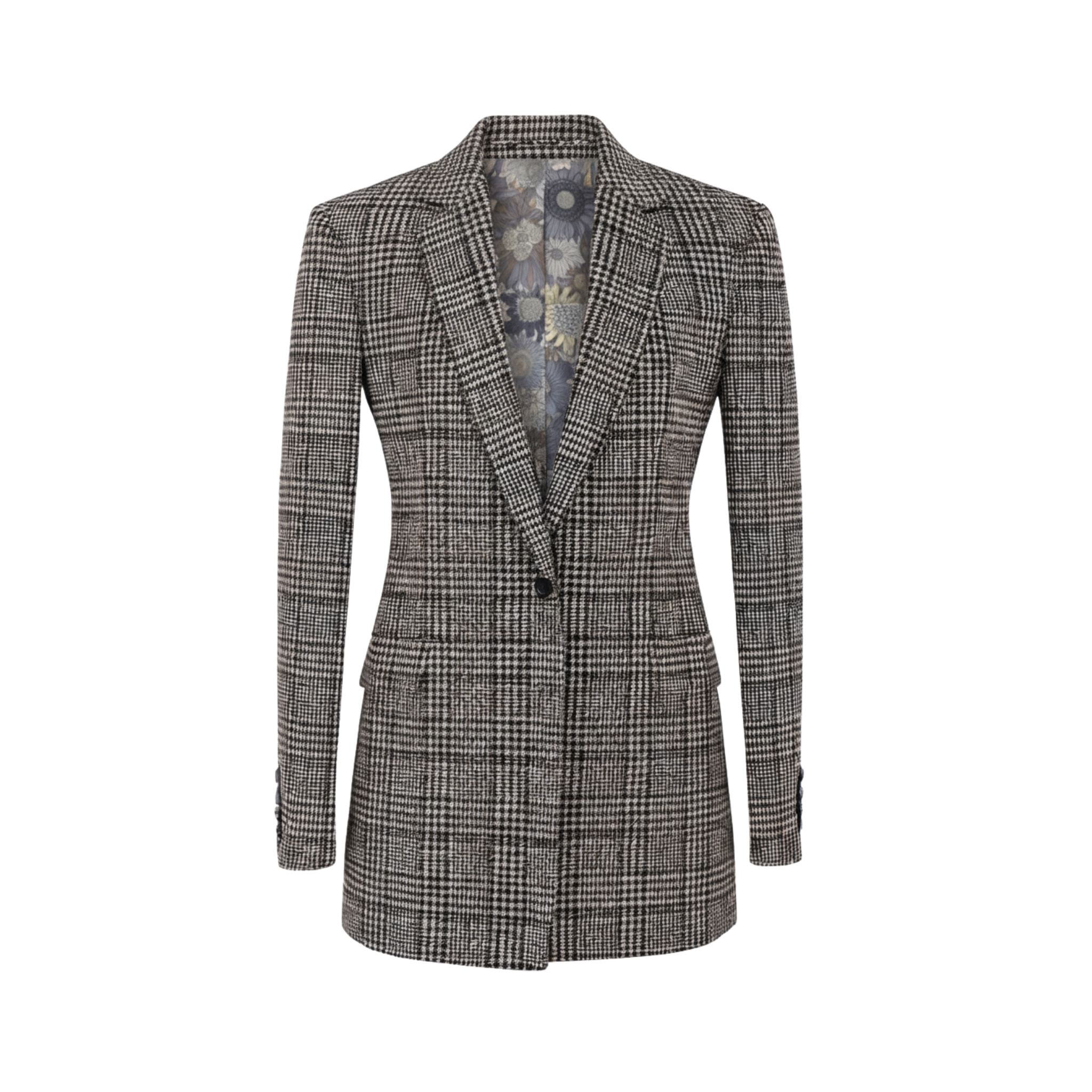 Tailory charcoal glen plaid elongated blazer with metallic thread front view