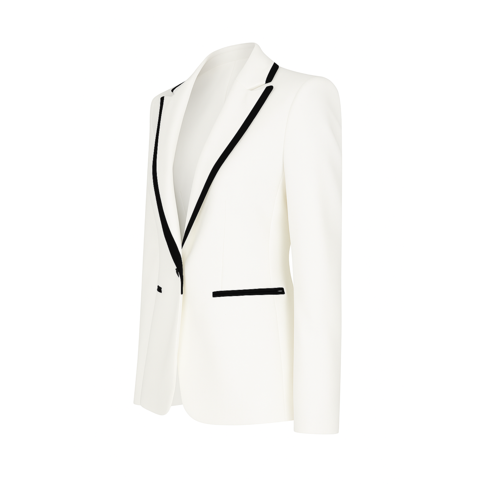 Tailory white tuxedo blazer with black piping side view