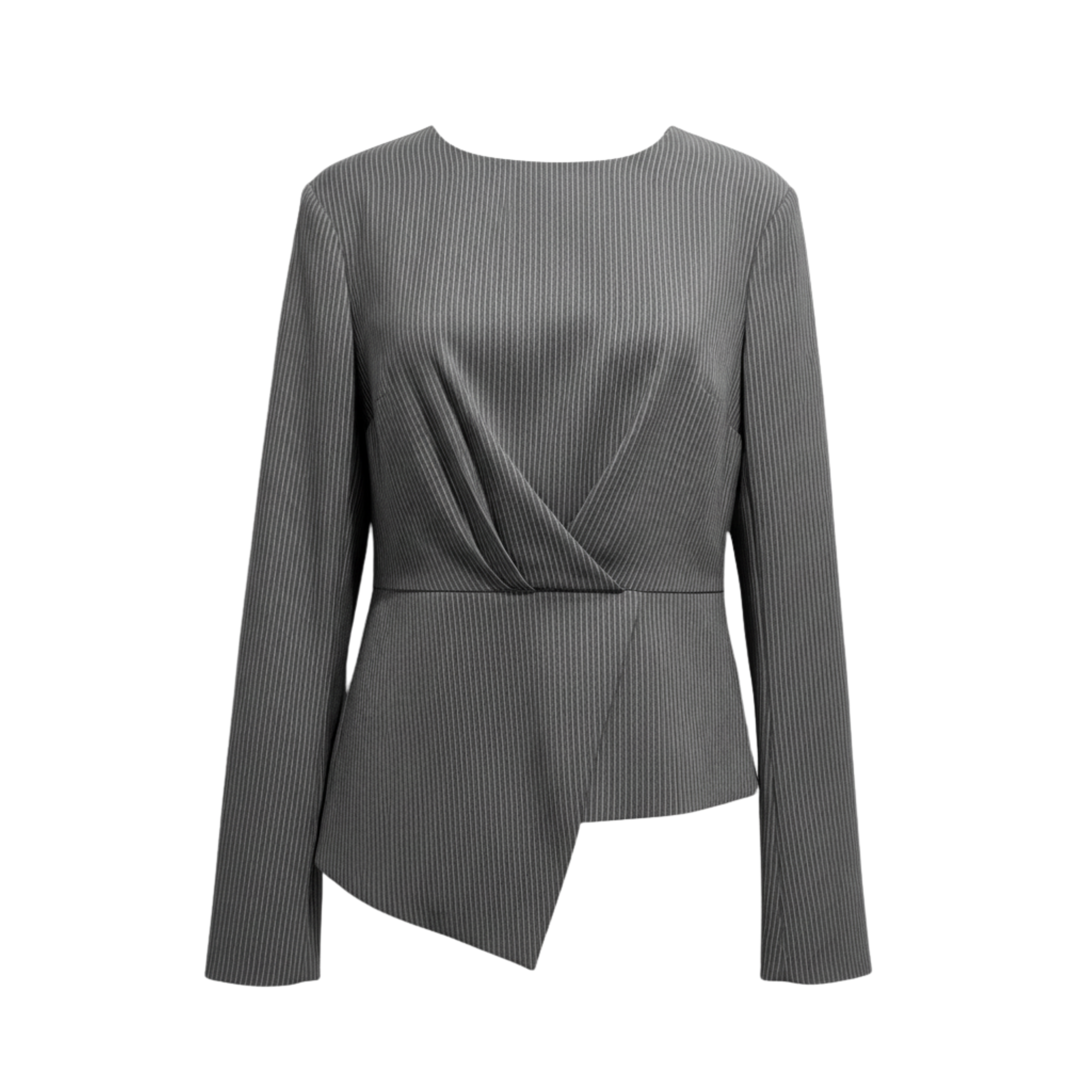 Tailory charcoal/black pinstripe asymmetric wrap blouse front view