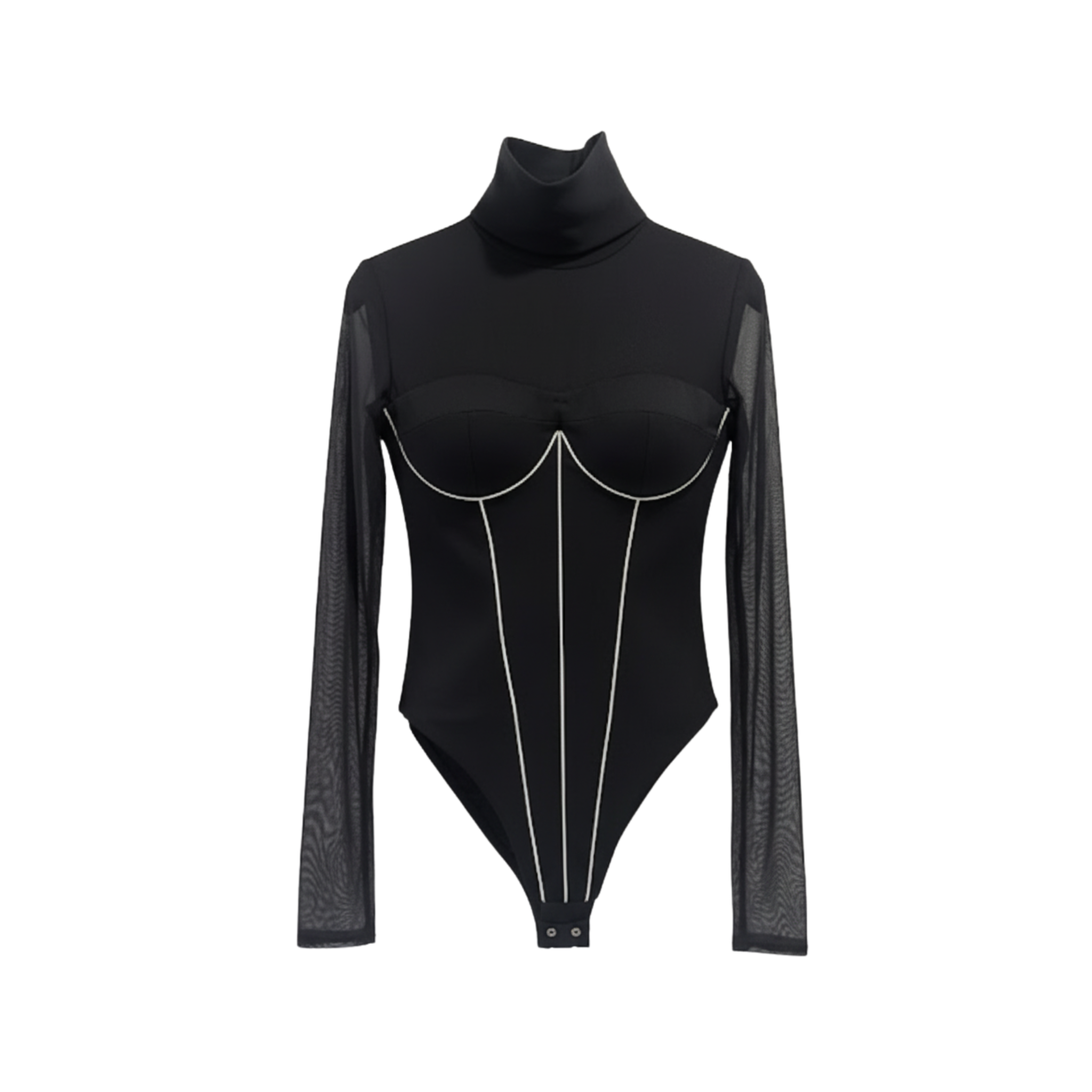 Tailory black contrast-piping turtleneck bodysuit front view