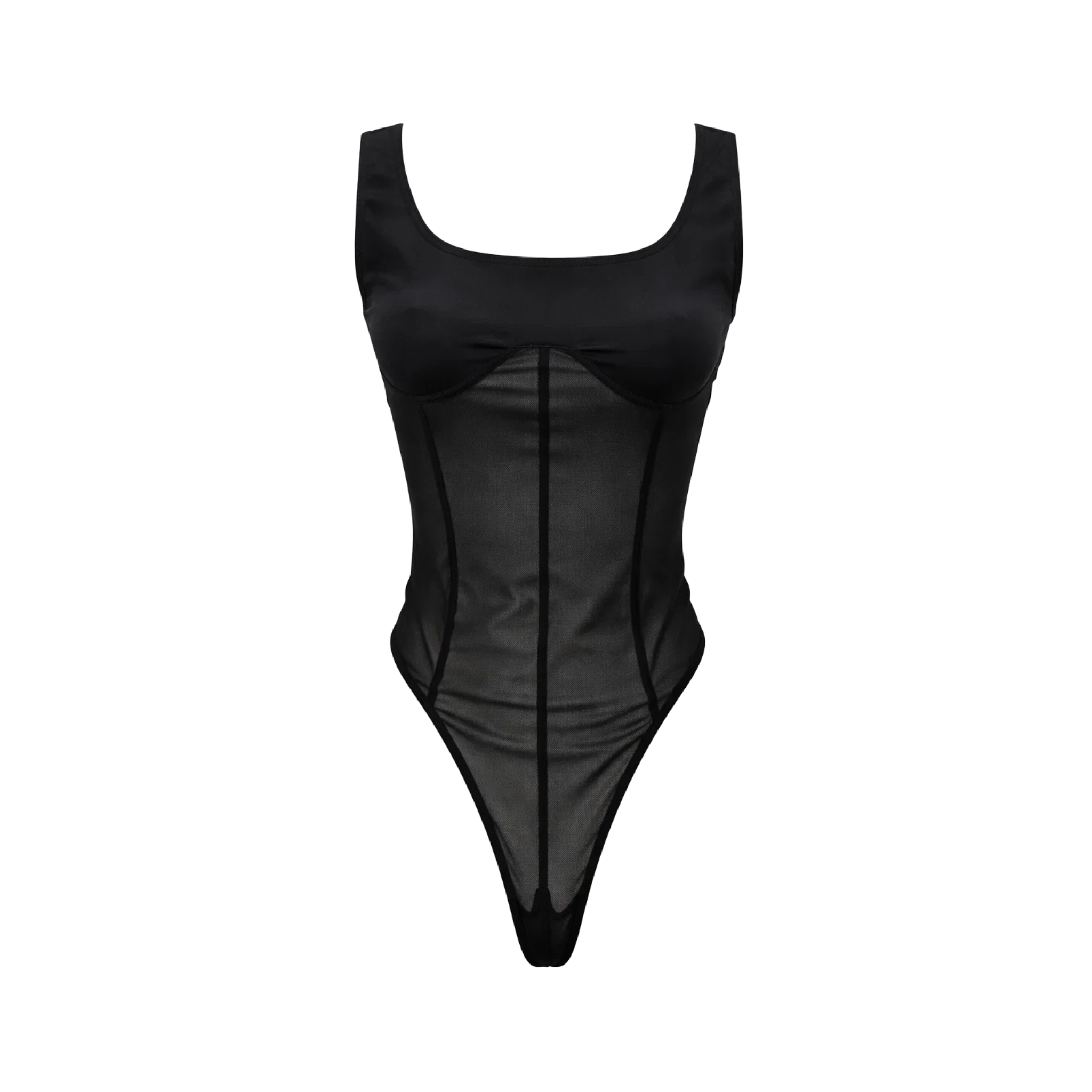 Tailory black structured bodysuit with sheer panels front view