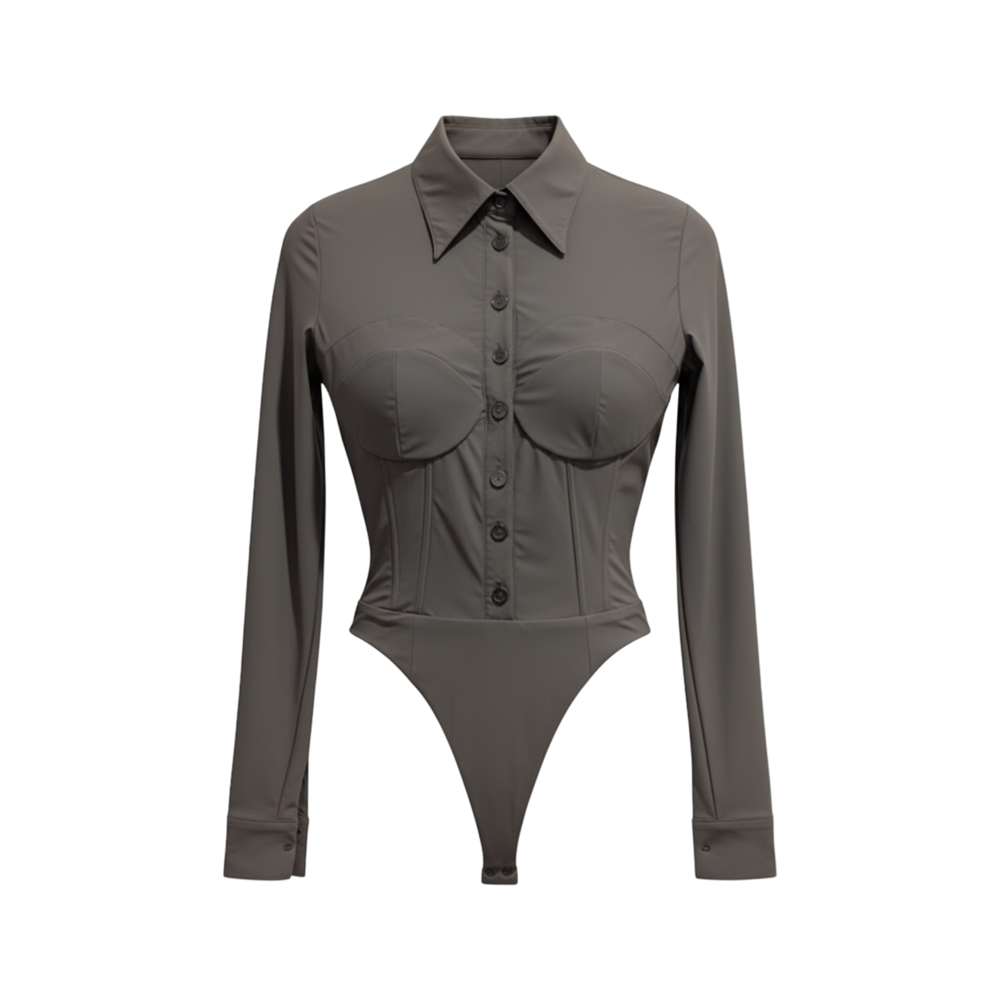 Tailory grey corseted bodysuit with button front and pointed collar front view