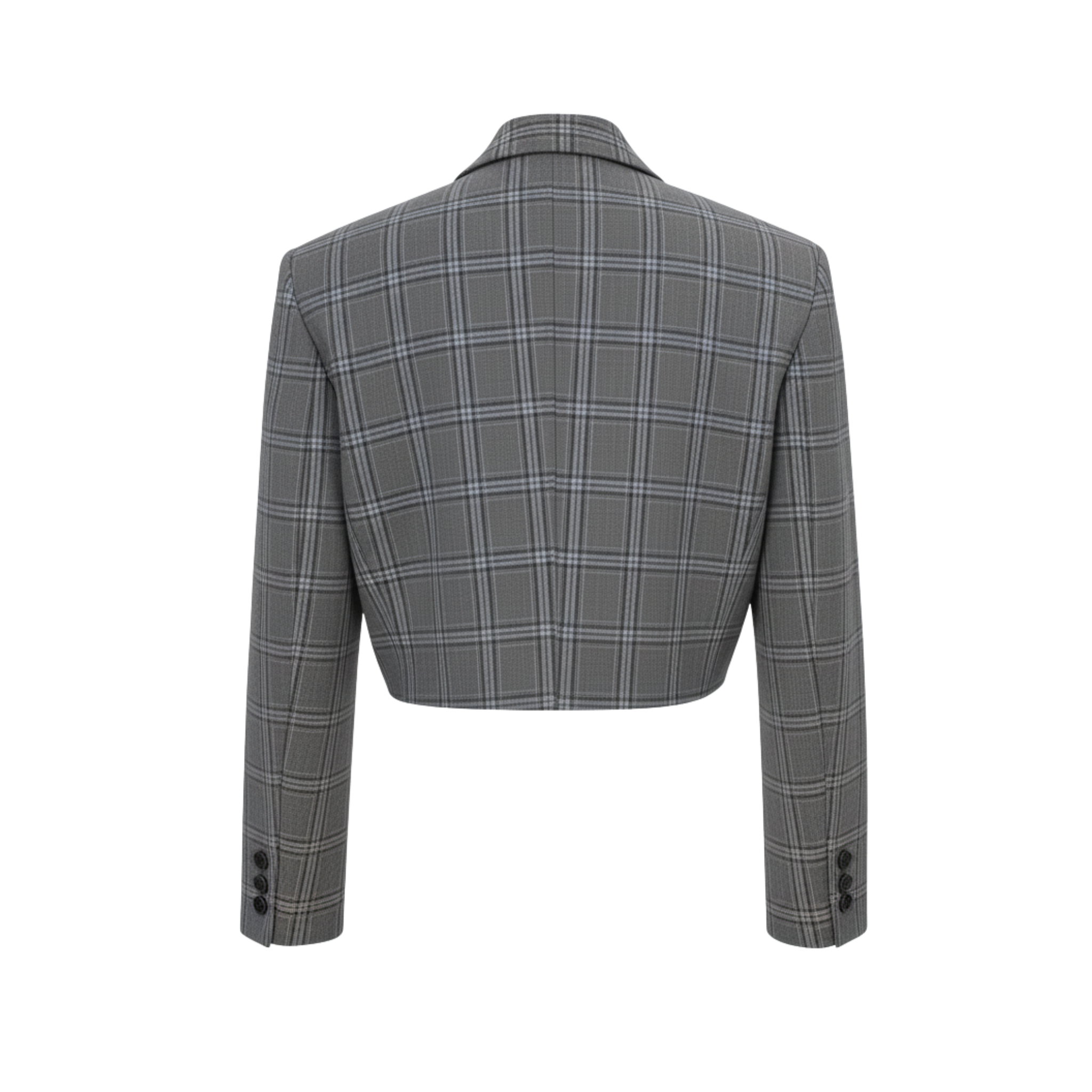 Tailory grey glen plaid cropped double-breasted blazer back view