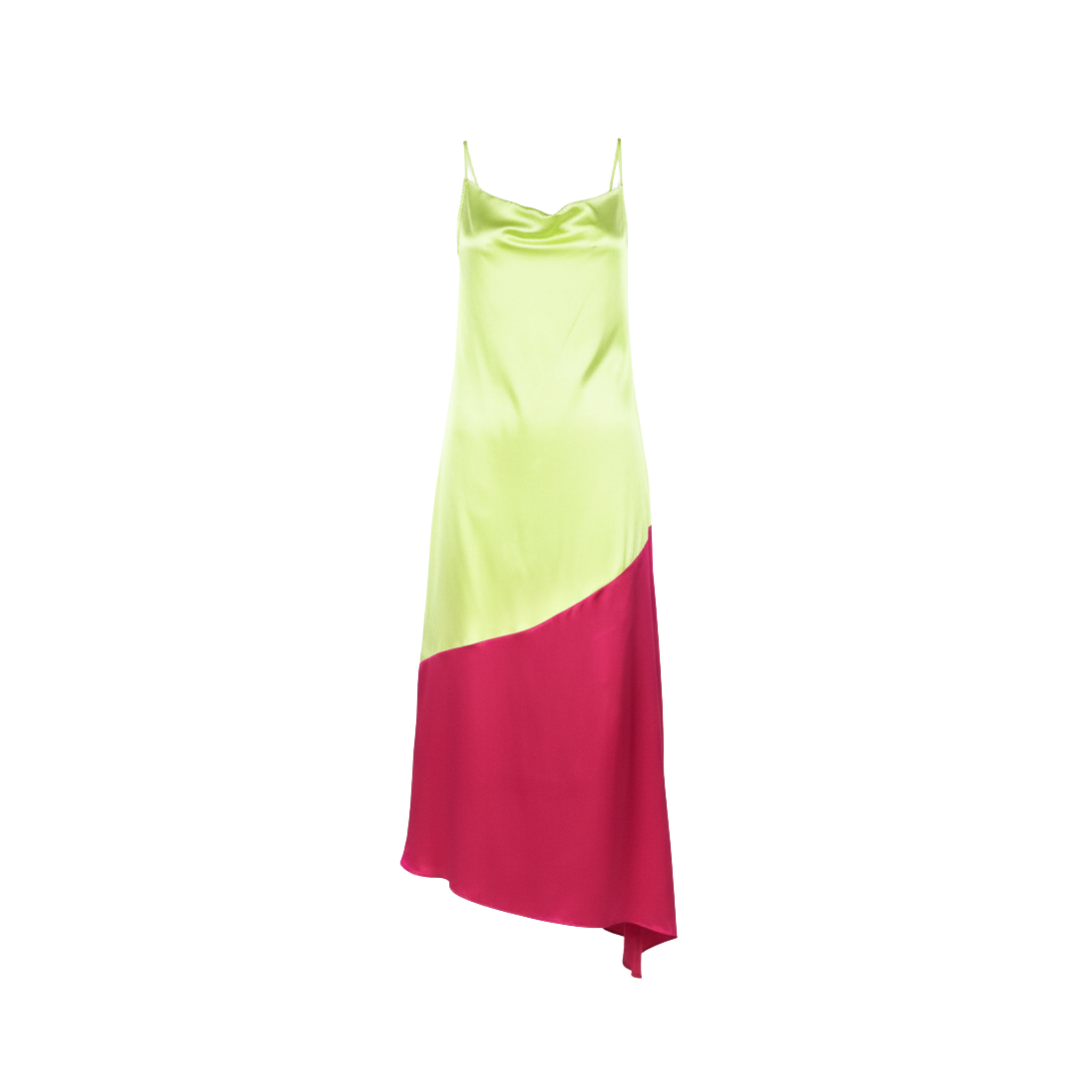 Tailory fluorescent yellow and deep pink asymmetrical silk slip dress front view