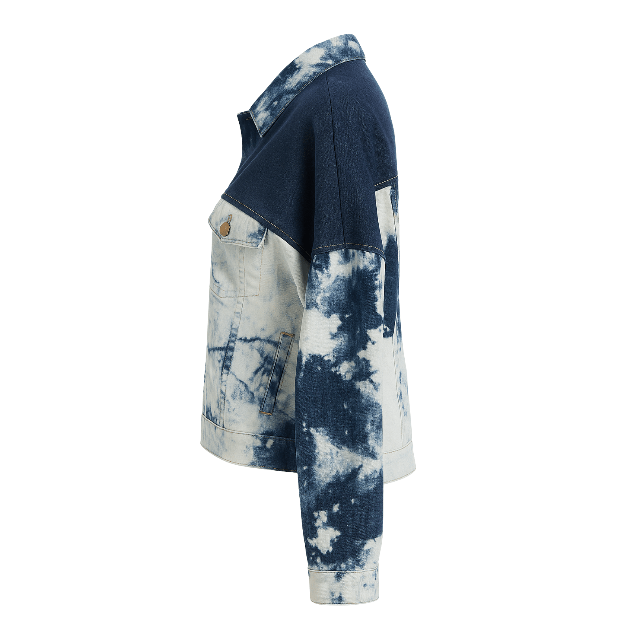 Tailory blue and white tie-dye denim jacket side view
