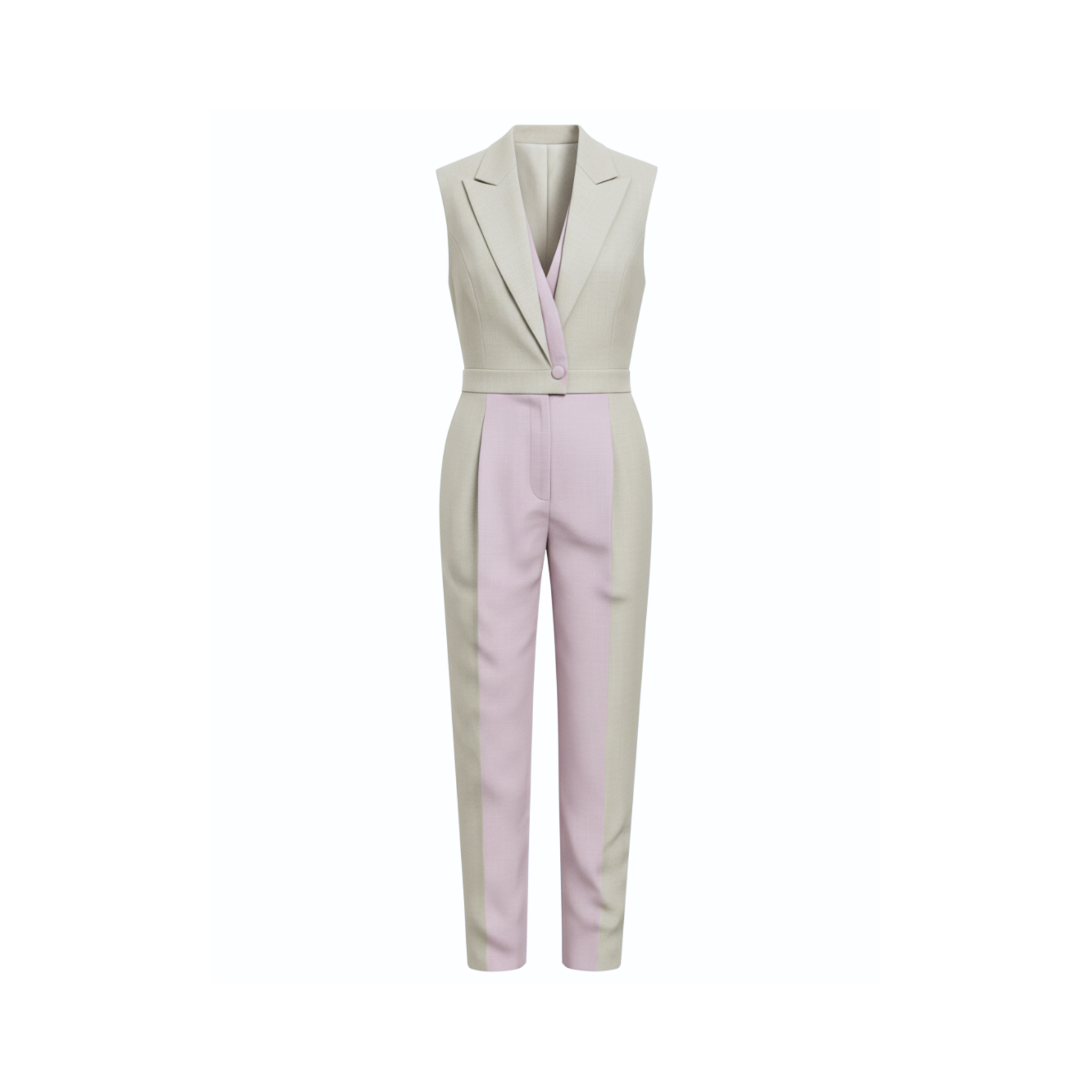 Tailory_Jumpsuit_BeigeLavender_ColorBlock_Suited_FrontView