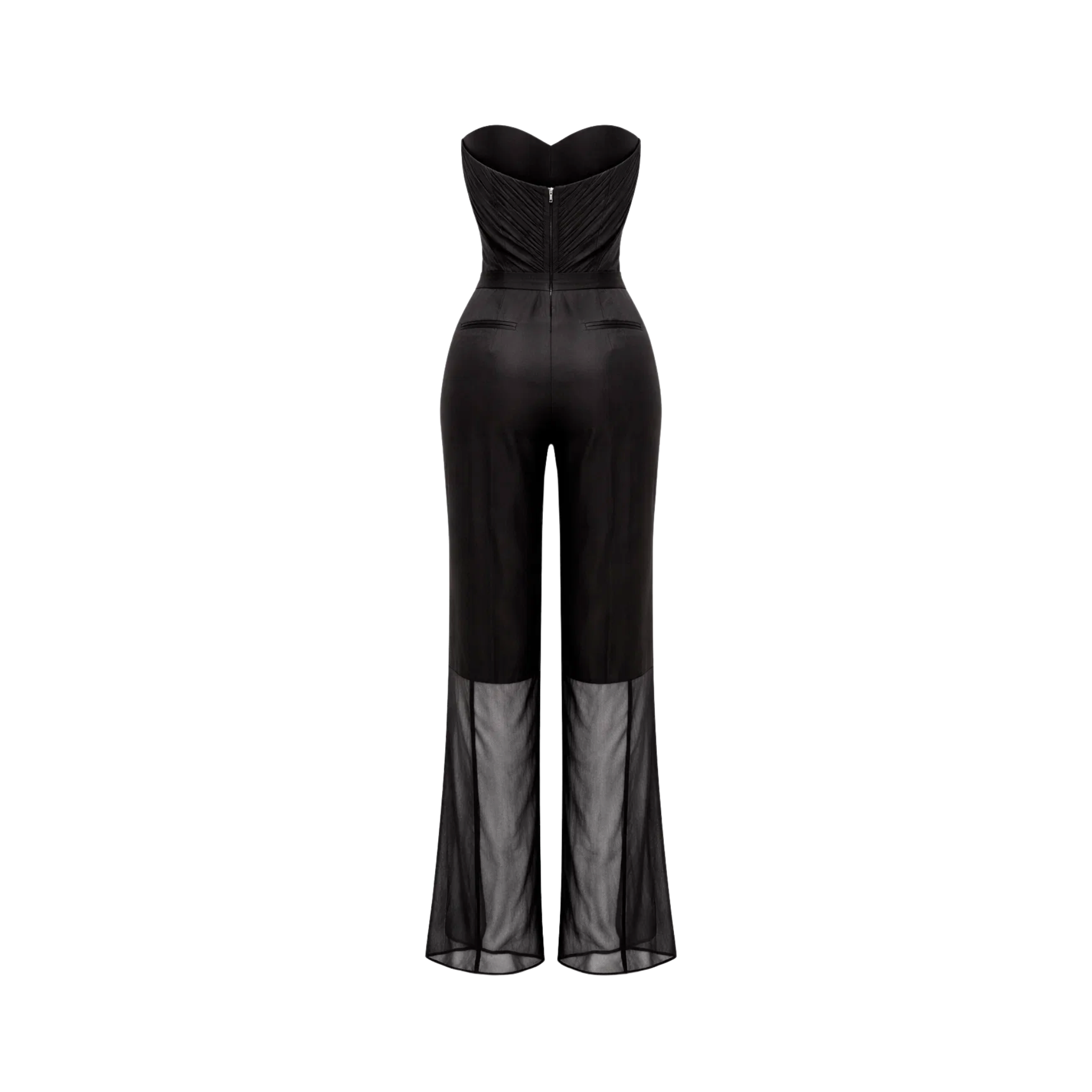 Tailory black strapless jumpsuit with wide-leg silhouette and sheer hem back view