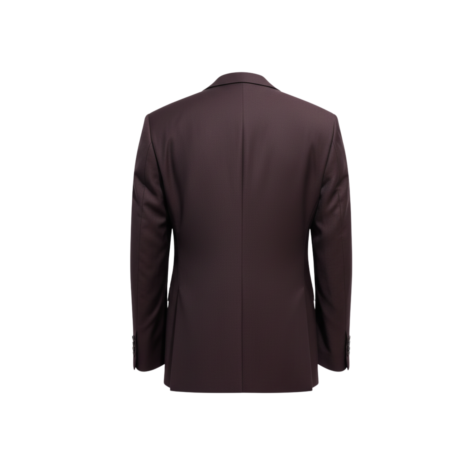 Tailory burgundy peak-lapel single-button blazer with tonal piping, back view.