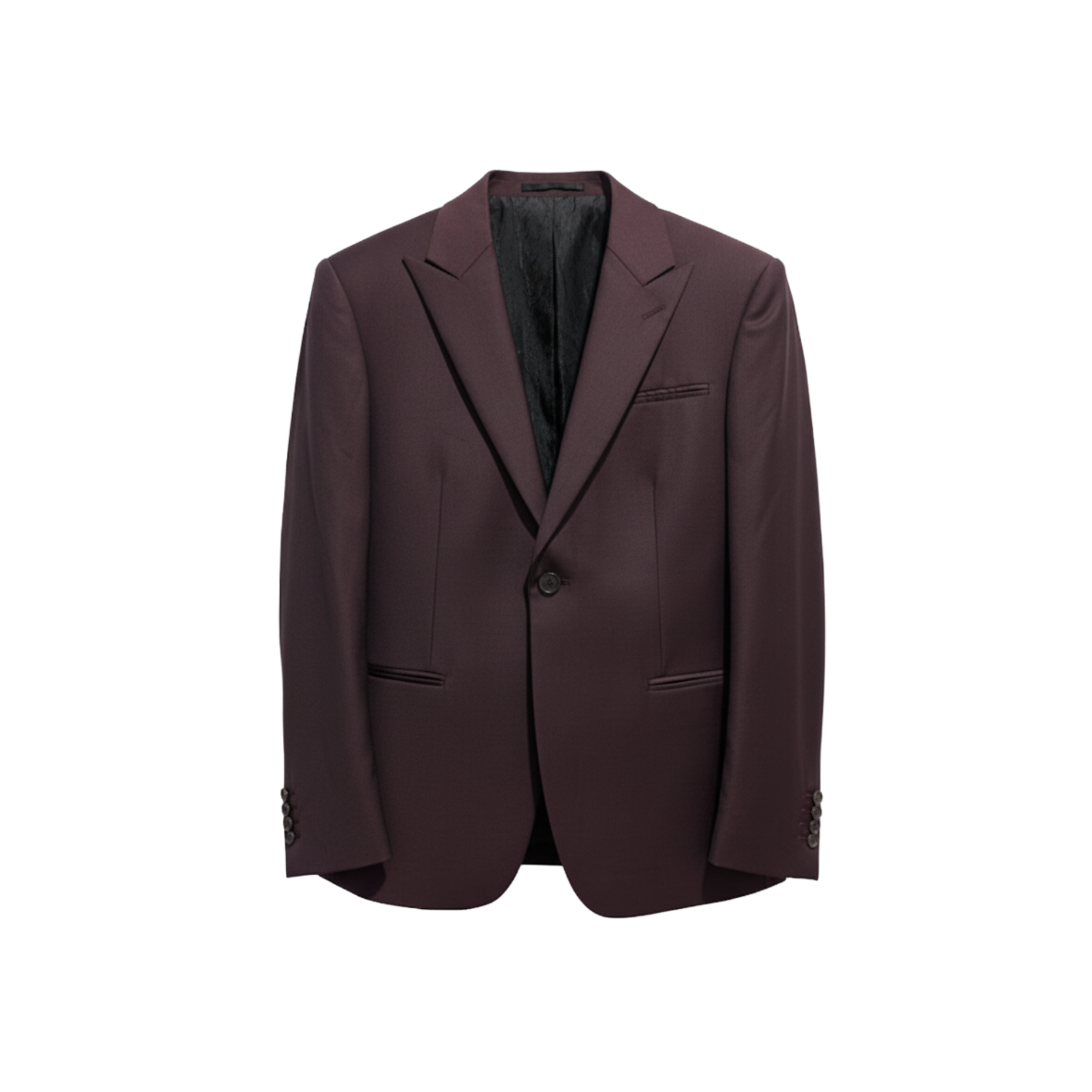 Tailory burgundy peak-lapel single-button blazer with tonal piping, front view.