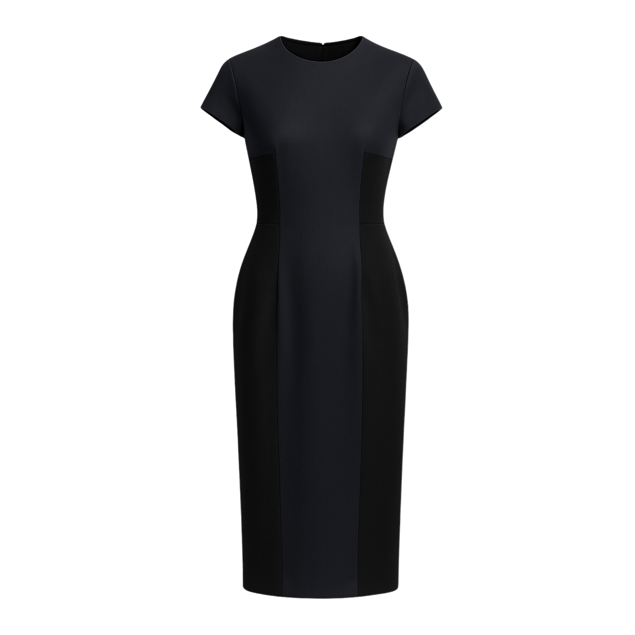 Tailory navy and black knee-length sheath dress front view with structured seaming