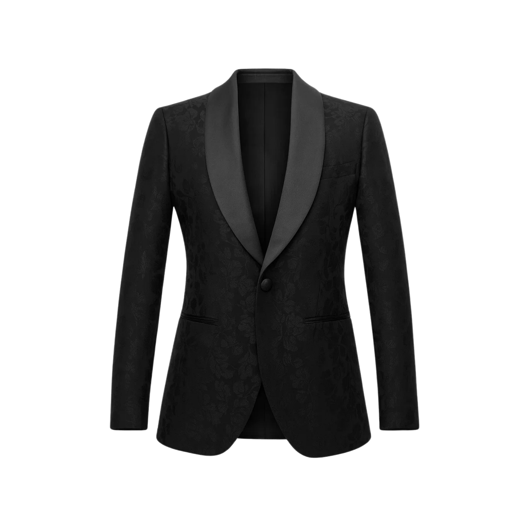 Tailory black satin shawl lapel tuxedo jacket front view