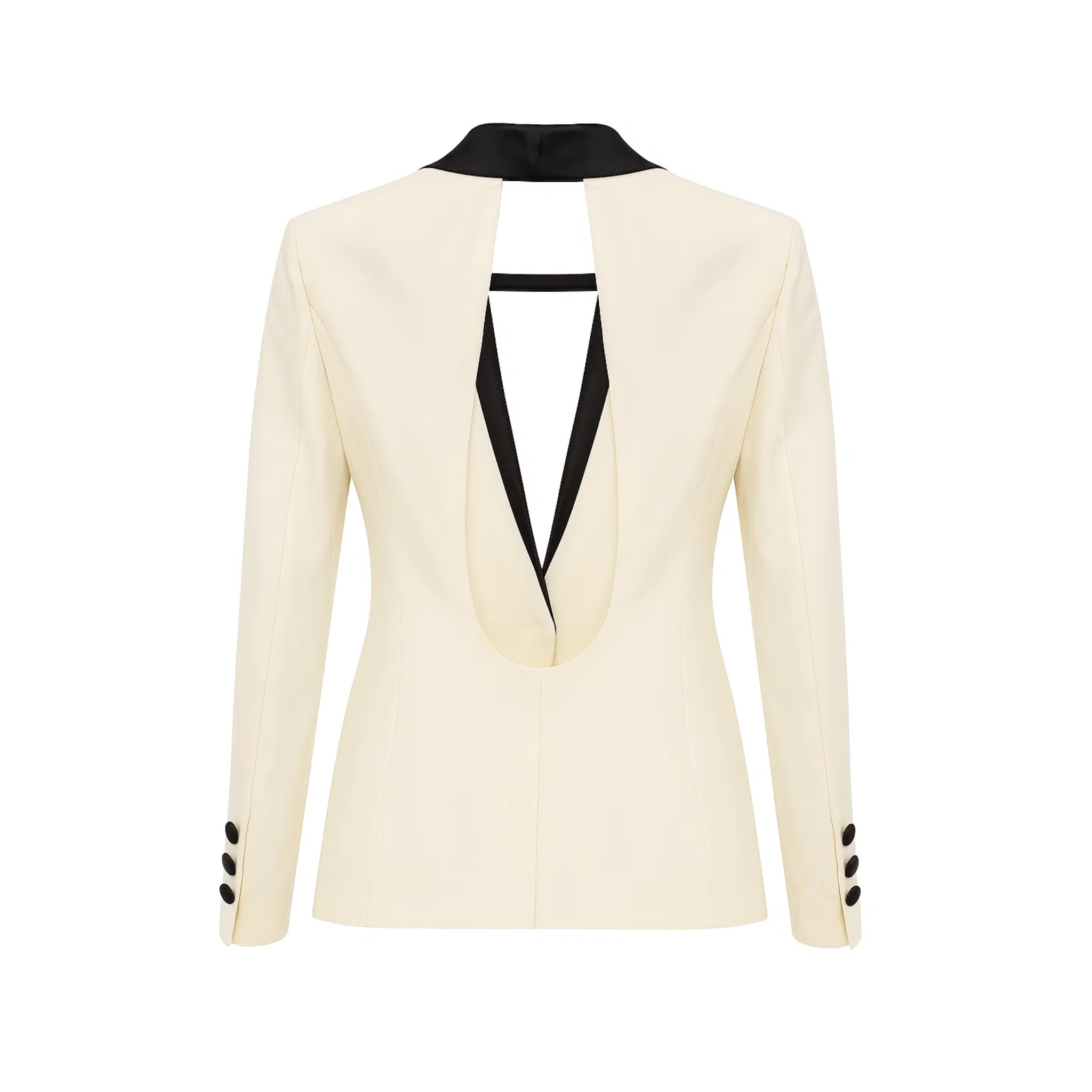 Tailory ivory tuxedo jacket with black satin lapels backless back view