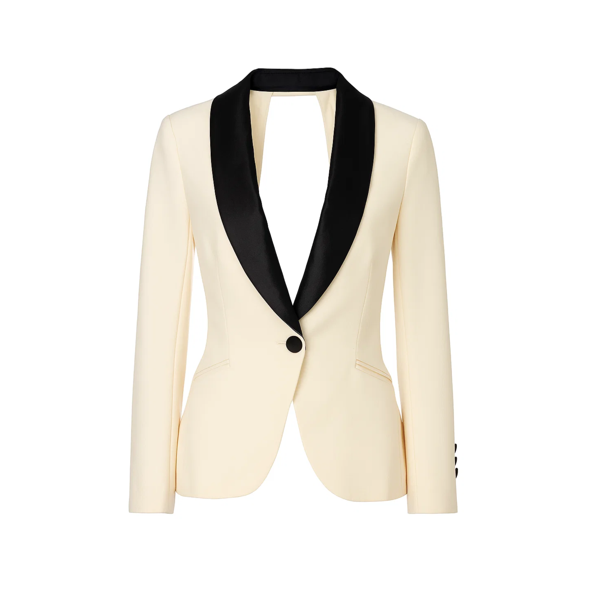 Tailory ivory tuxedo jacket with black satin shawl lapels front view