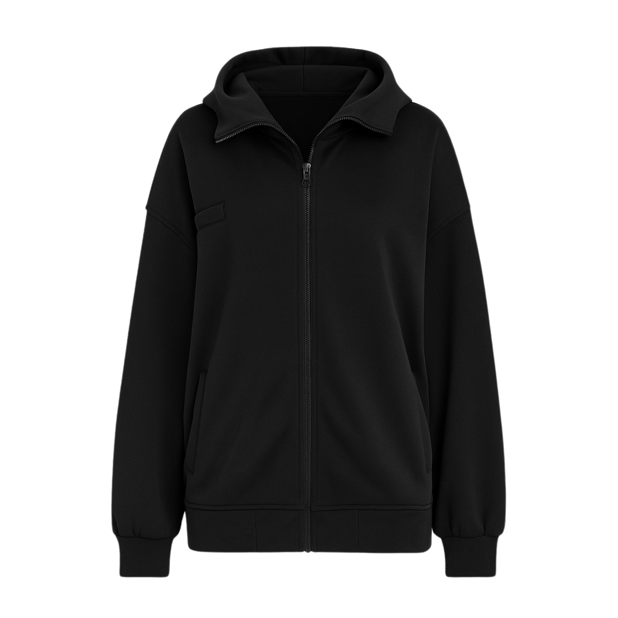 Tailory athletic black zip-up hoodie front view with oversized fit