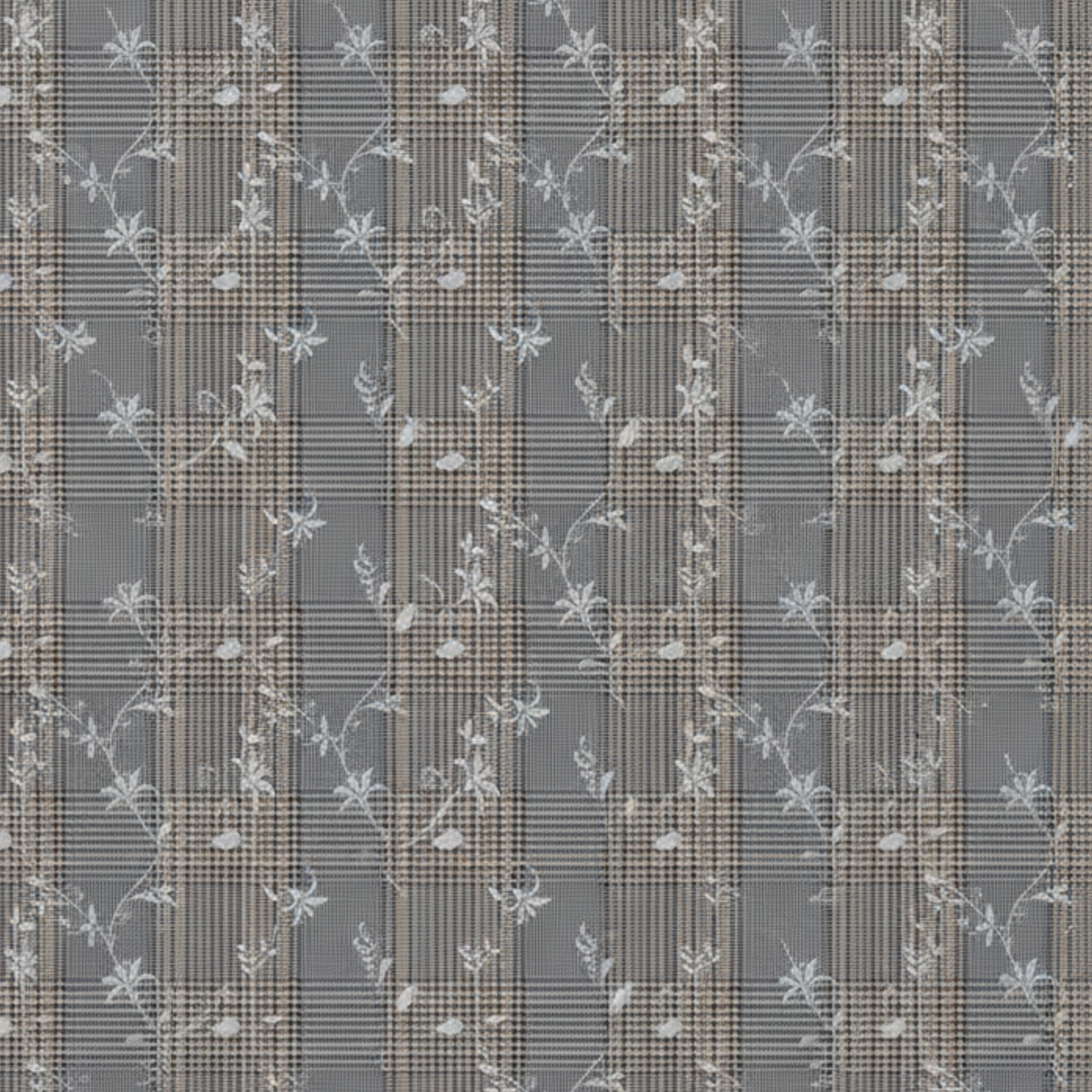 Tailory grey plaid wool-blend fabric swatch with metallic embroidery