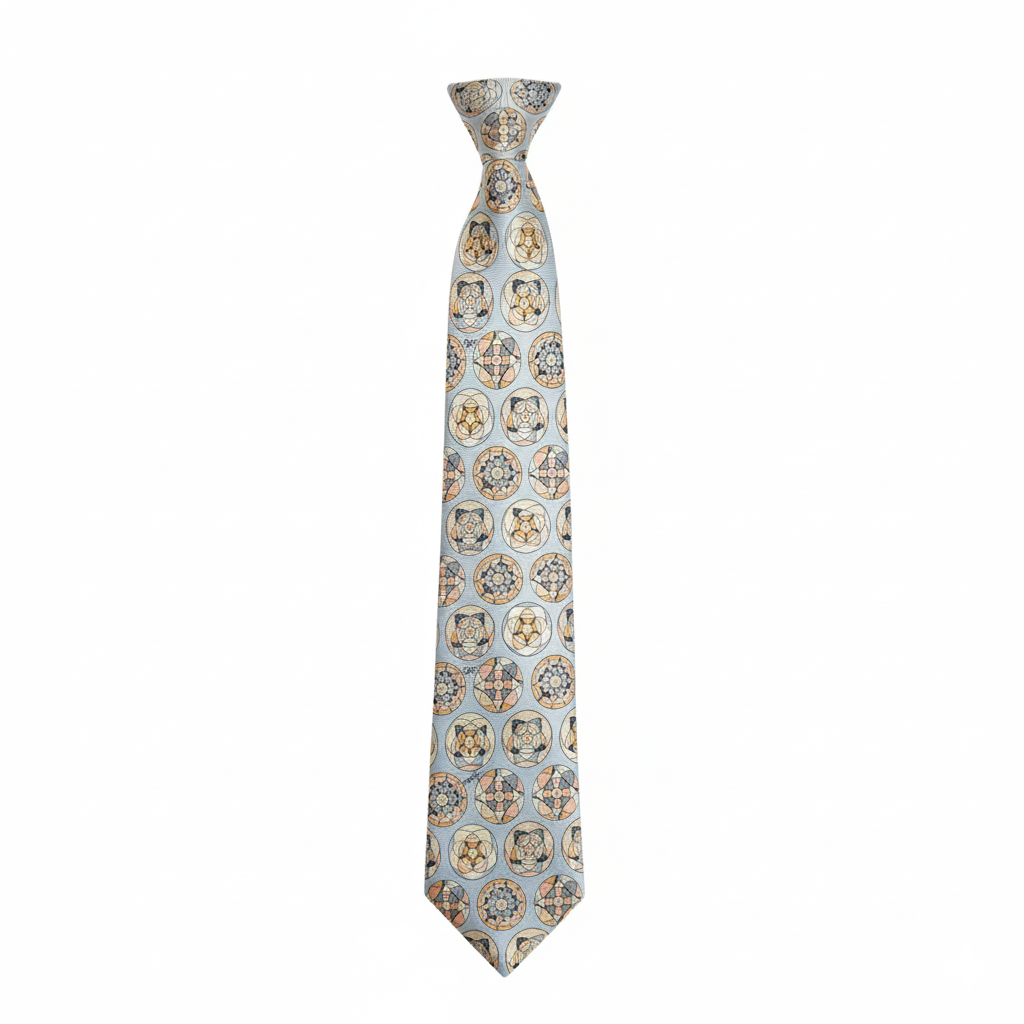 Medallion pattern silk tie with circular motif in blue, ivory, and yellow, front view