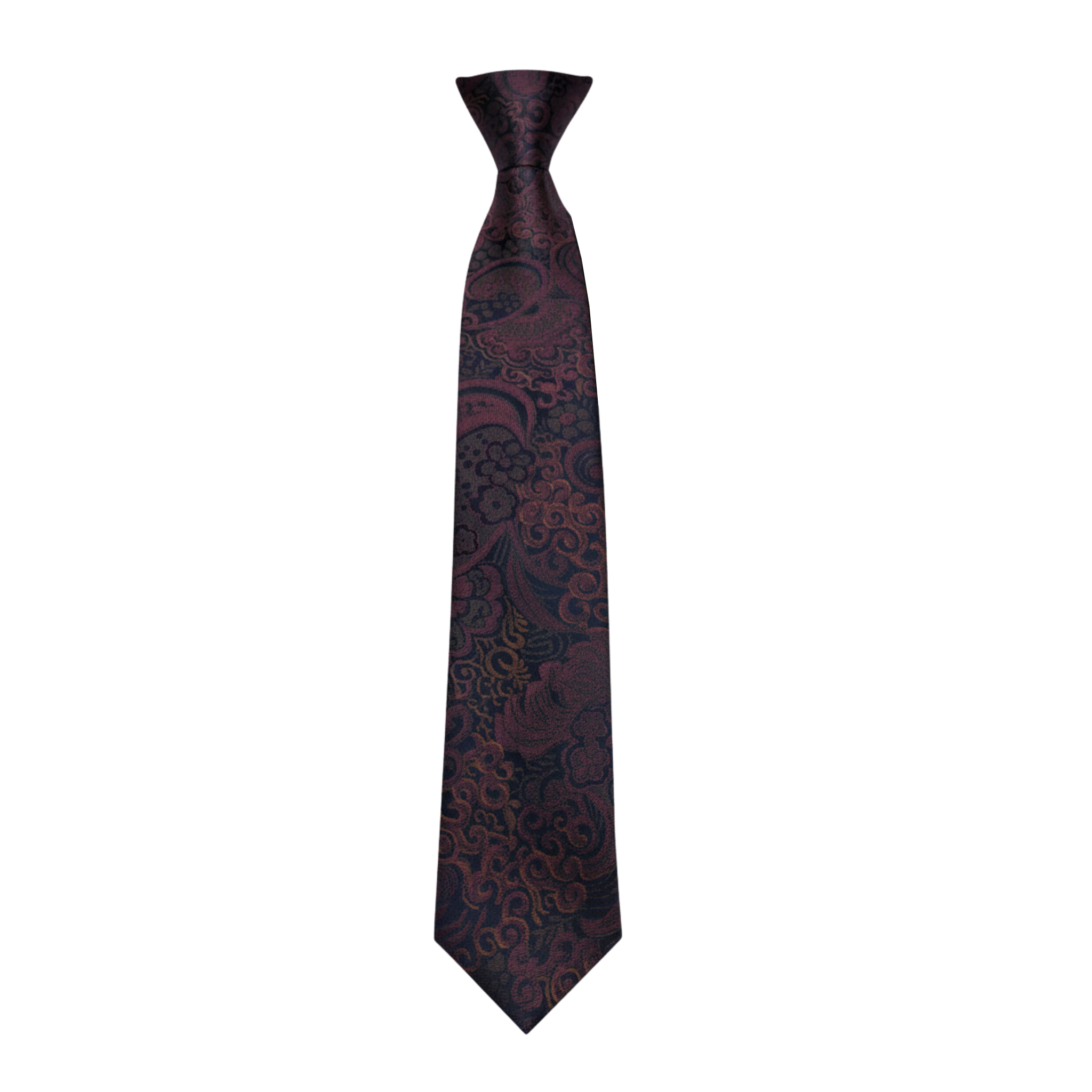 Dark paisley woven silk tie with classic pointed blade, front view