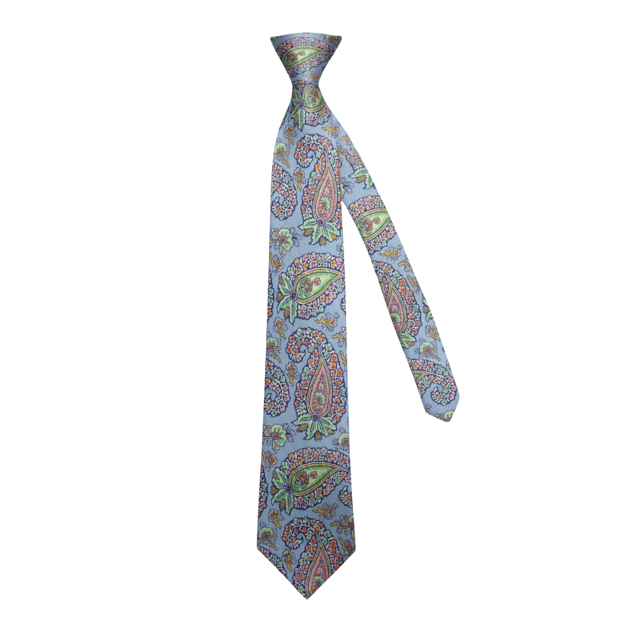 Paisley woven silk tie shown at an angle highlighting drape and pattern