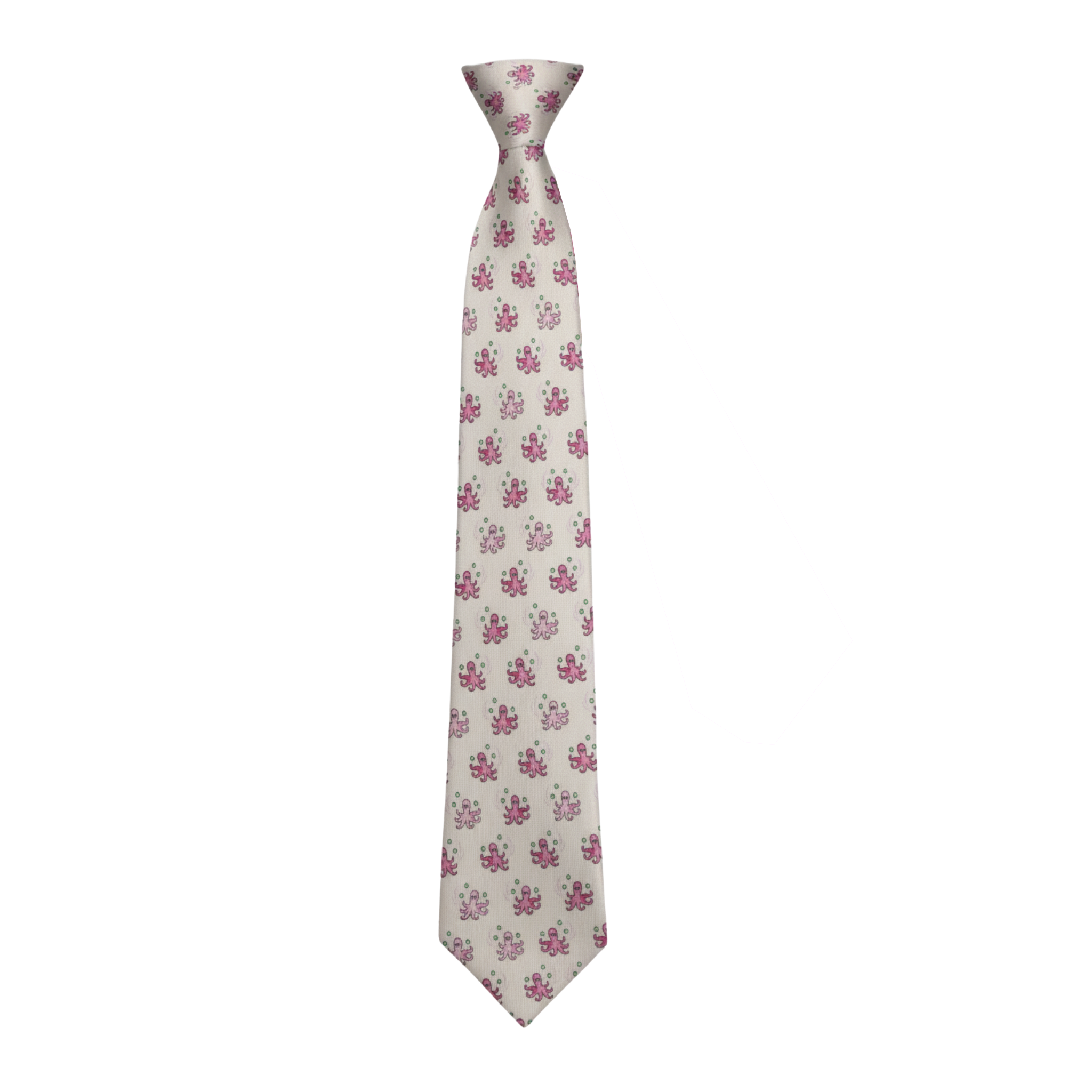 Pink octopus motif woven silk tie shown front-facing with pointed blade