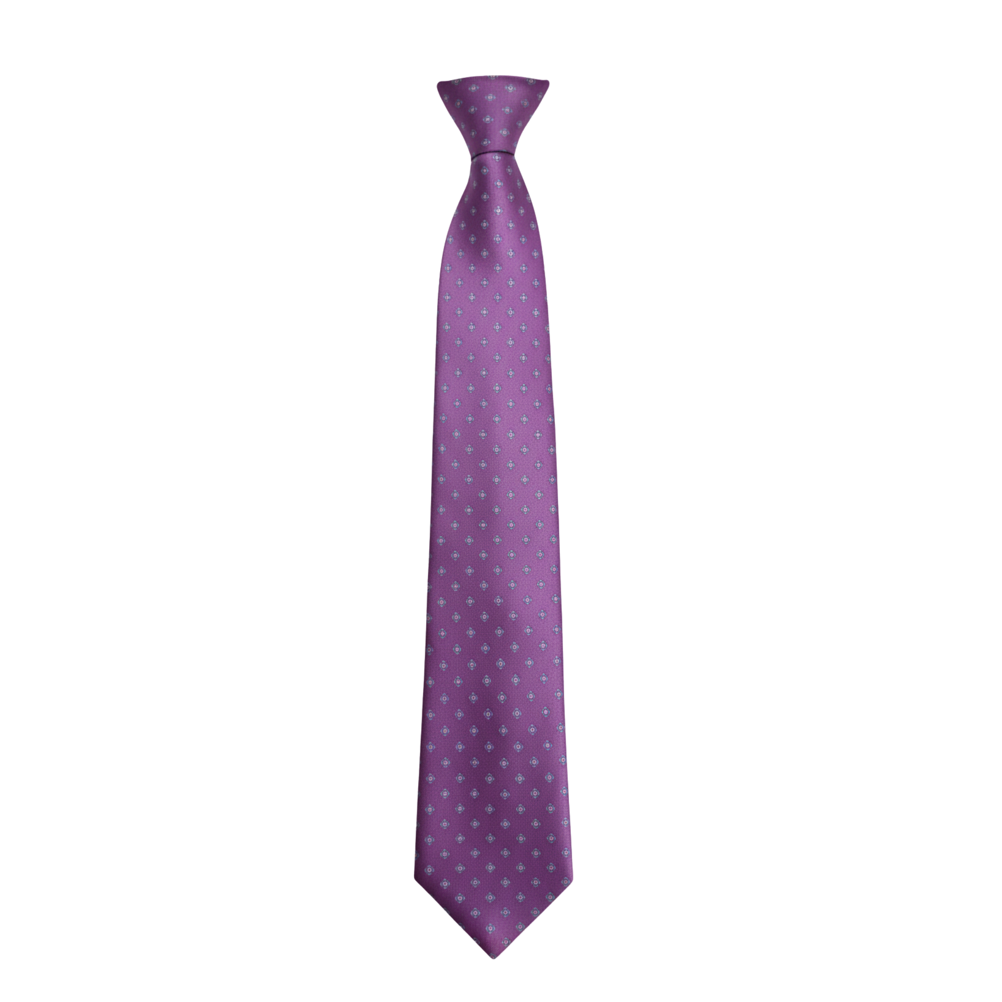 Purple patterned silk tie with subtle geometric motif, front view