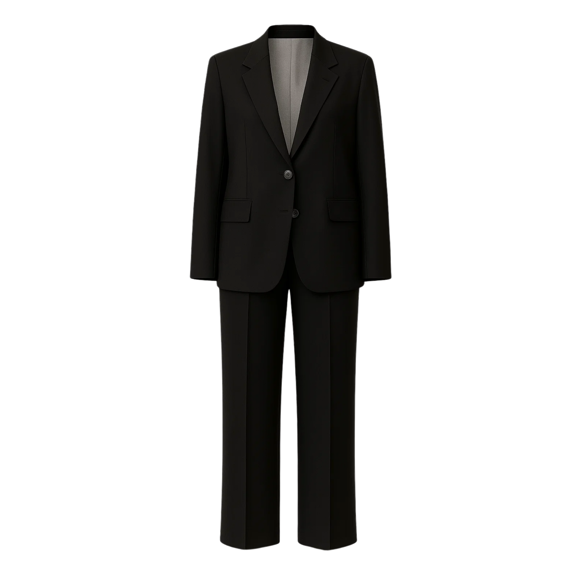 Tailory black fitted two-button suit front view with notched lapels and flat-front trousers