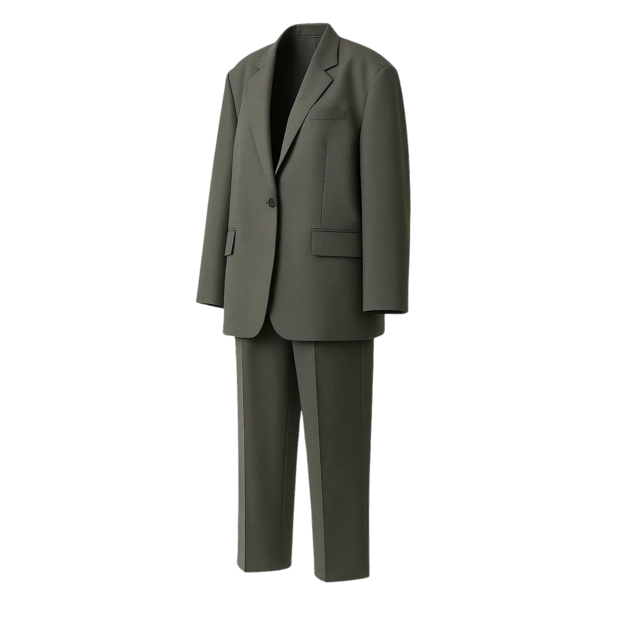 Tailory grey plaid single-button suit side view showing straight-leg trousers and structured shoulder