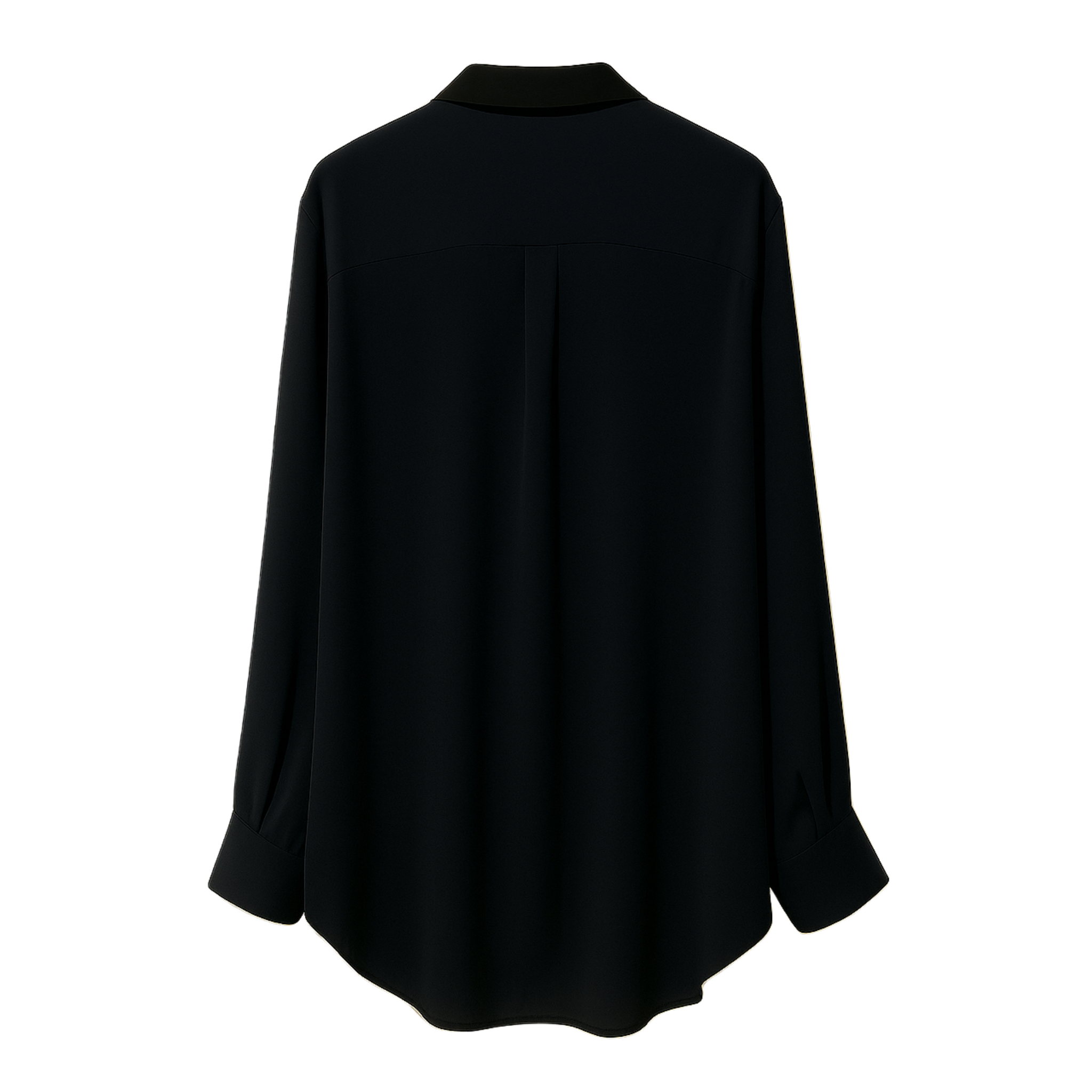 Tailory navy button-down shirt back view with extended draped hemline