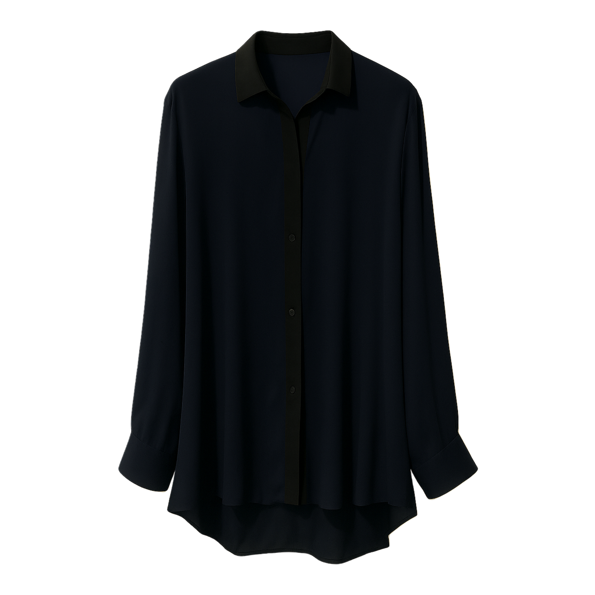 Tailory navy button-down shirt side view showing flowy silhouette and curved hem