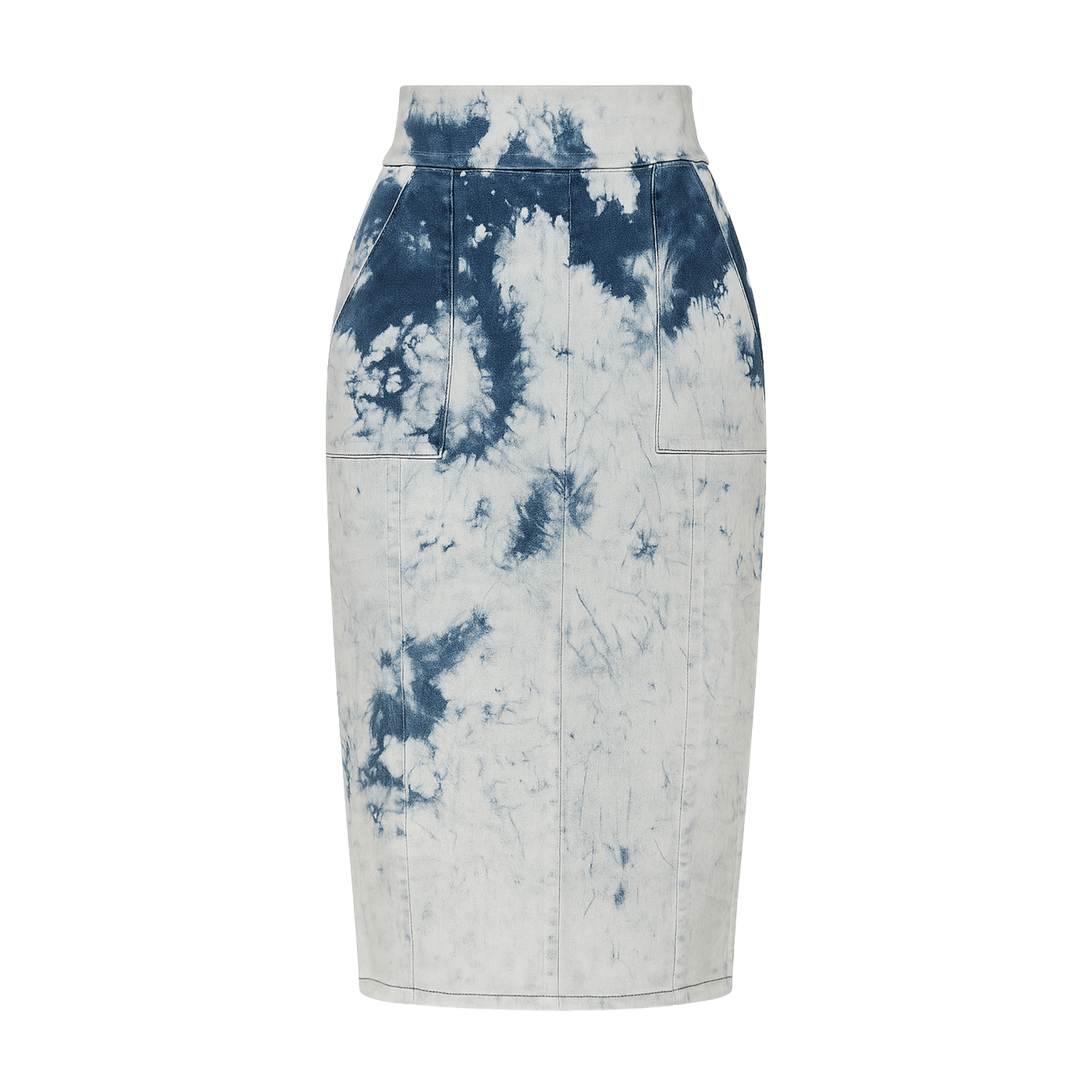 Tailory tie-dye denim pencil skirt front view with high waist and knee-length cut
