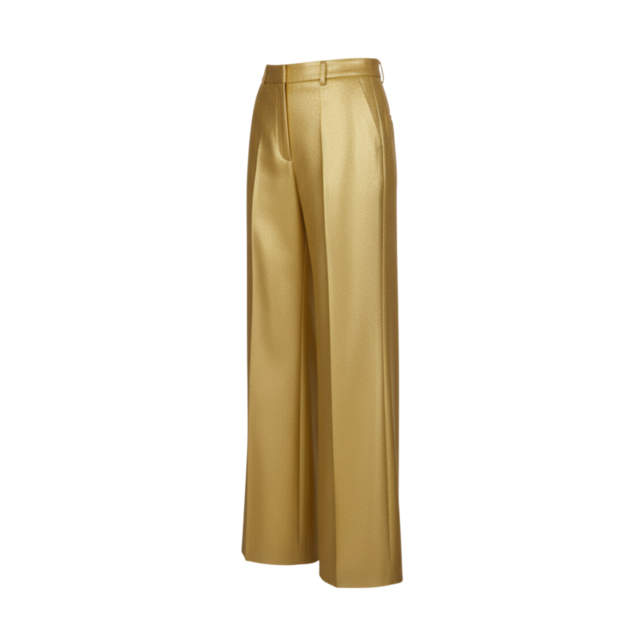 Gold silk lamé tailored trousers — side view