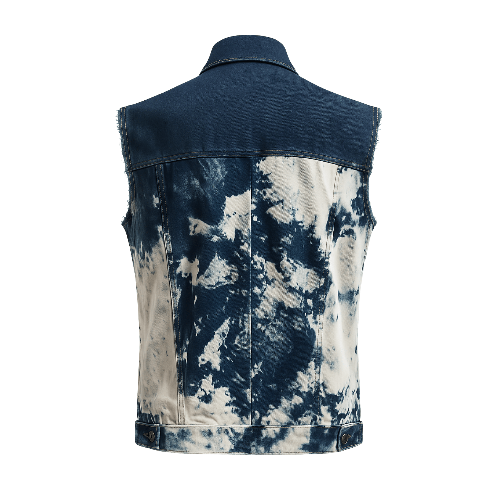 Back view of tie-dye denim vest with abstract navy-and-cream bleached design and denim texture