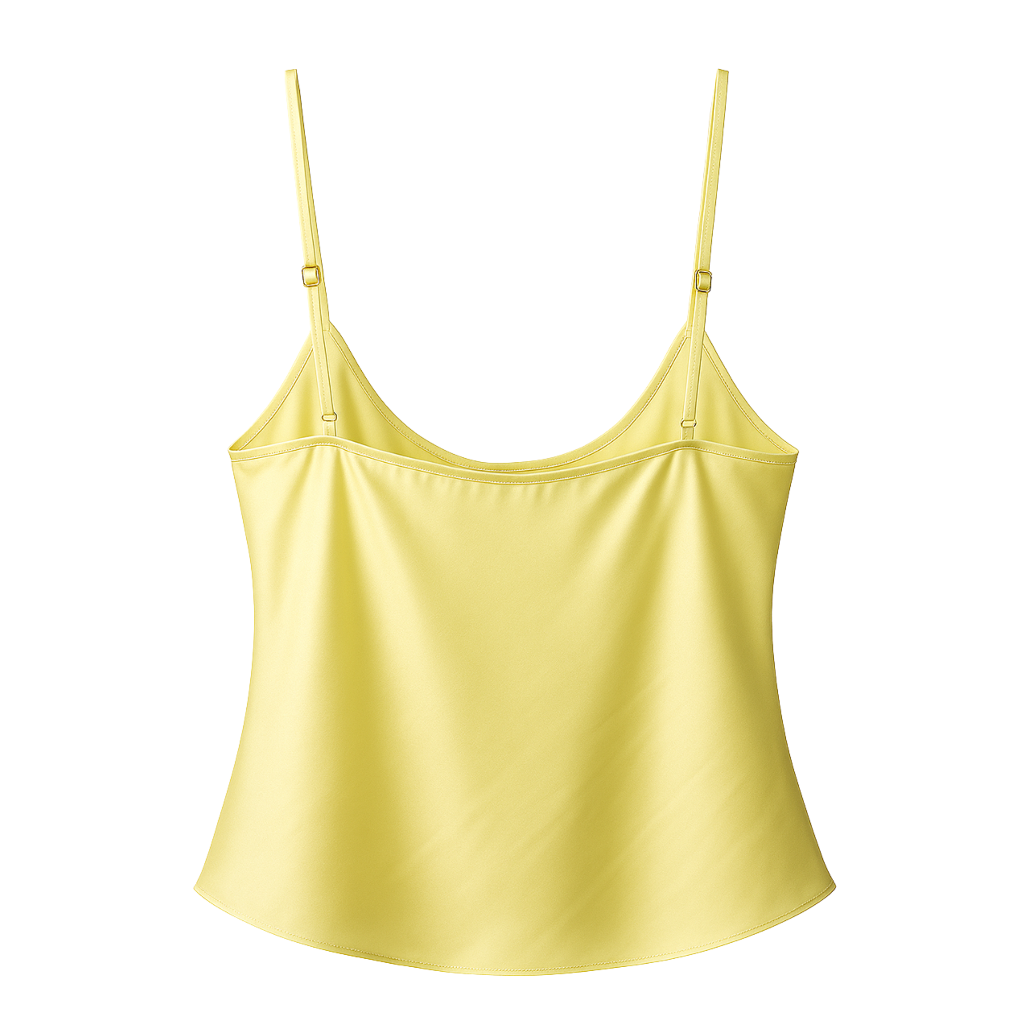 “Back view of yellow satin cami tank top with smooth satin finish and thin adjustable straps.