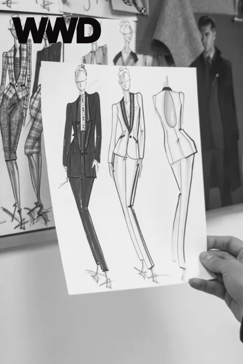 Sketches of tailored suits and formal wear in black and white