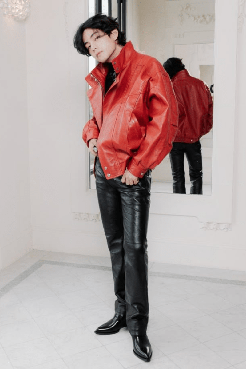 Kim Taehyung, also known as V of BTS, in red leather Celine