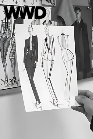 Sketches of tailored suits and formal wear in black and white